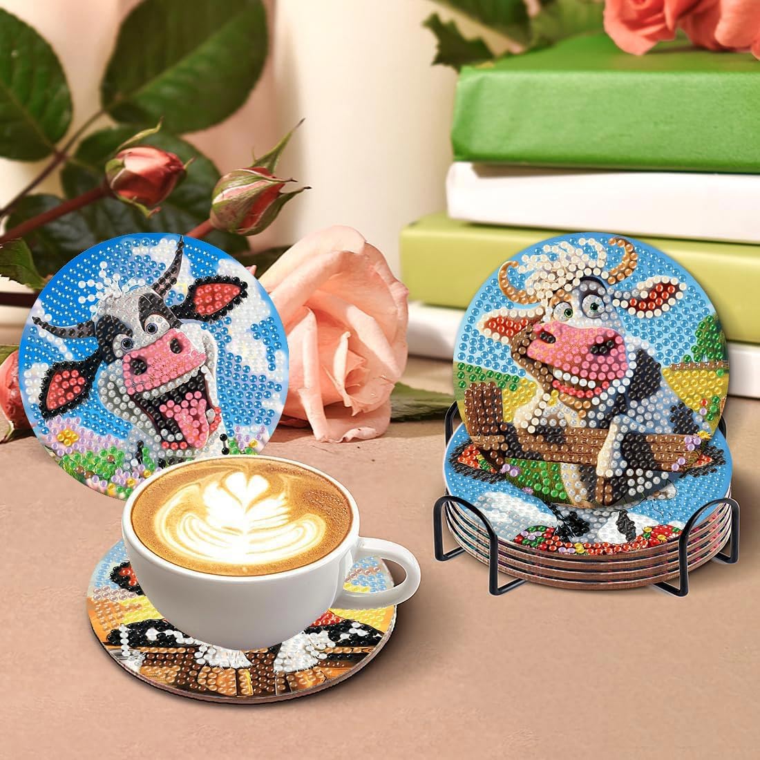 8 Pcs Flowers Diamond Art Coasters Kits for Adults Begainners,Full Drill Diamond Painting Coasters Kit with Holder,DIY Gem Painting Craft Kits for Adults Supplies Gift (Flowers).