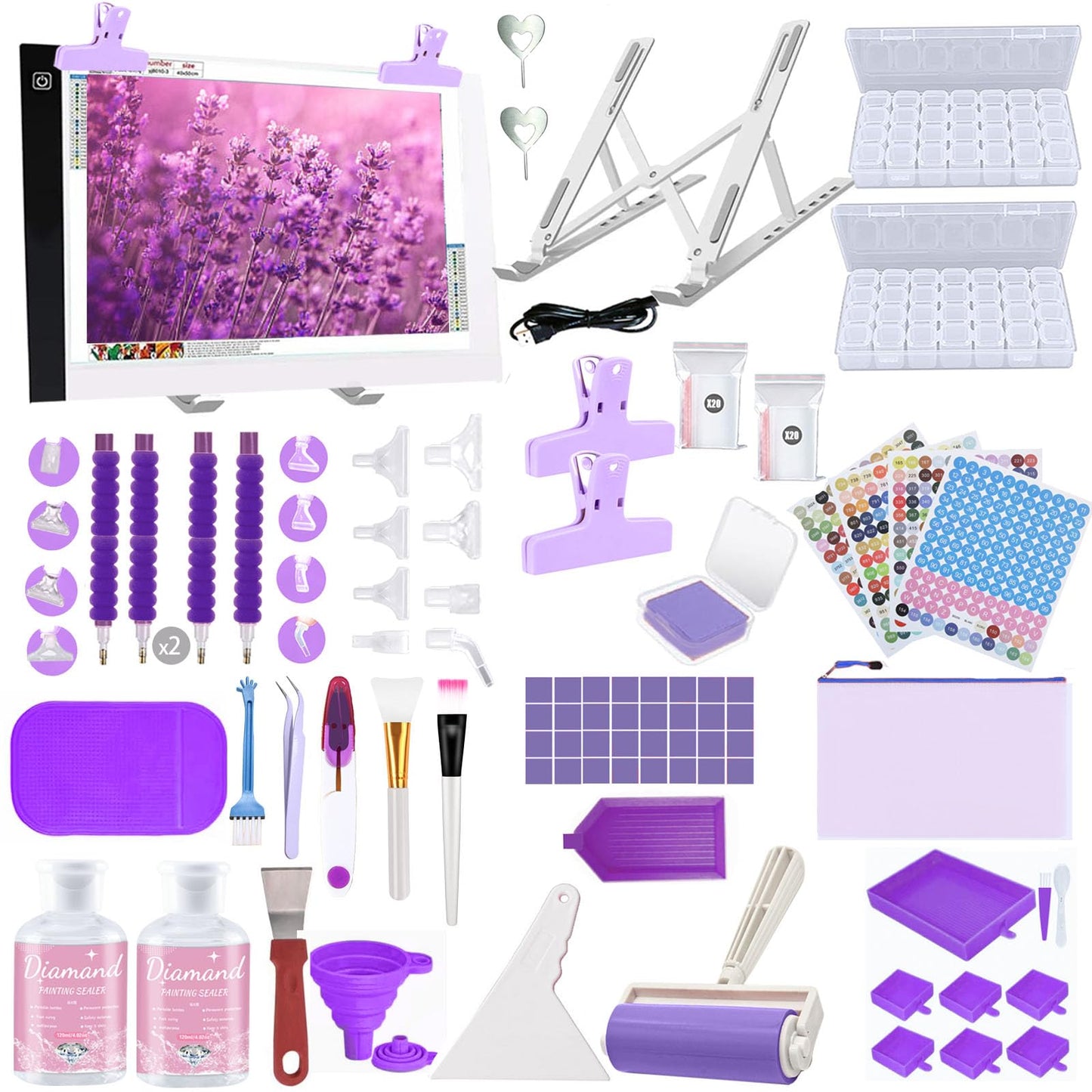 DNSGOOR 189Pcs All Inclusive Diamond Art Accessories Kit Diamond Painting A4 LED Light Pad Set with Diamond Art Sealer Glue Stand Storage Case Pens 5D Painting Tools for DIY Drill Craft