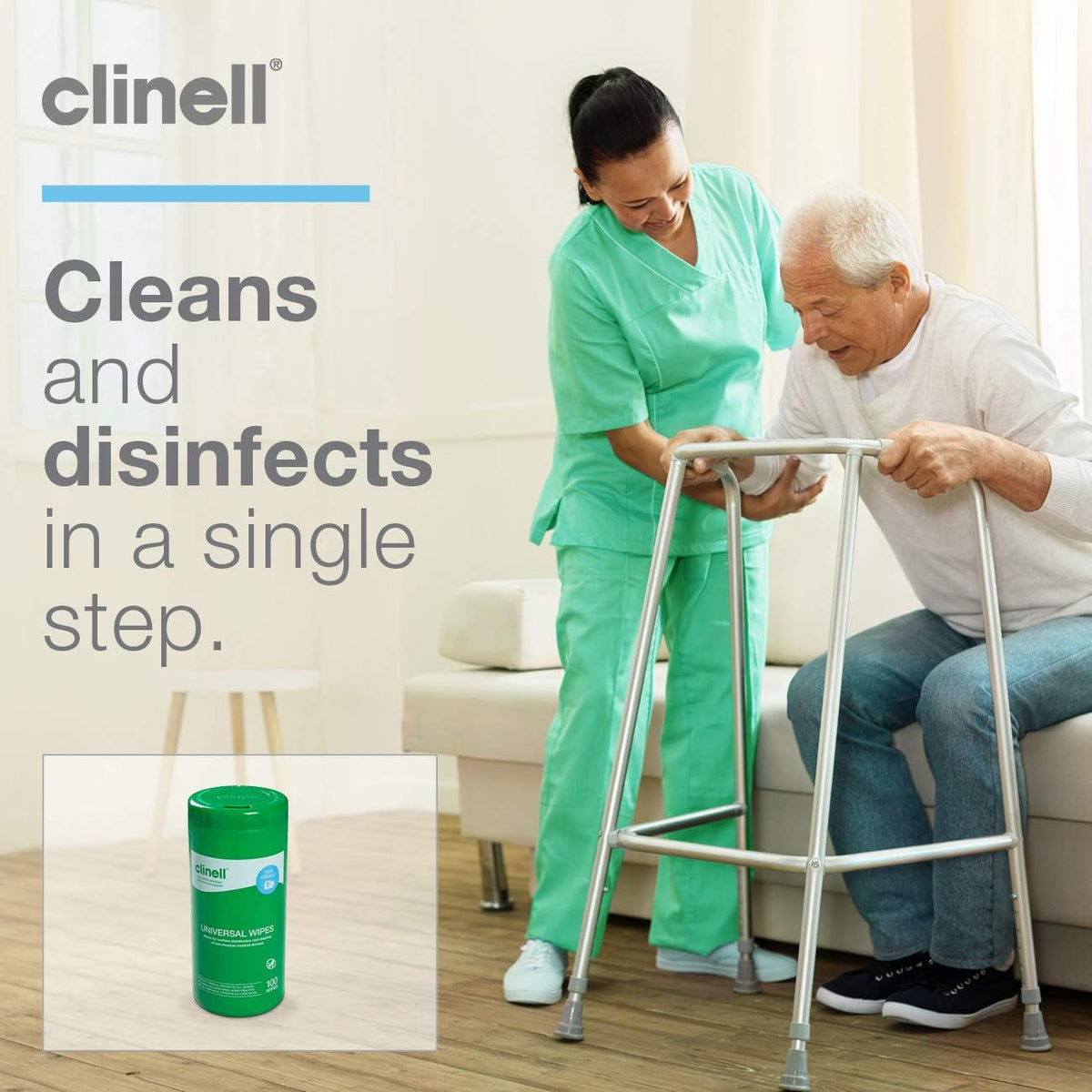 Clinell Universal Cleaning and Disinfectant Wipes for Surfaces - Tub of 100 Wipes - Multi Purpose, Kills 99.99% of Germs, Quick Action - 275mm x 190mm - Neutral Scent