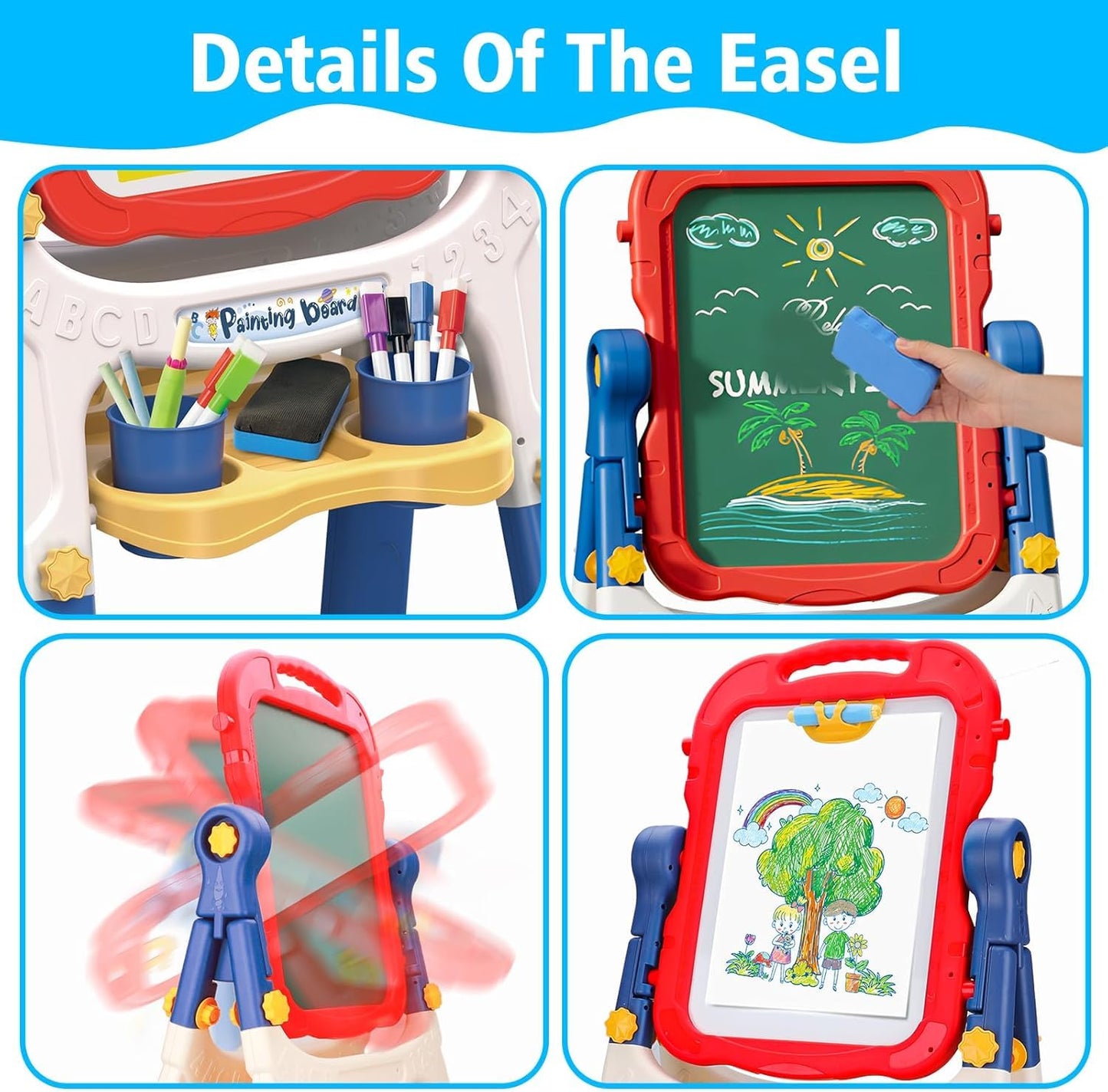 4 in 1 Kids Easel with Magnetic Whiteboard Chalkboard, Toddler Art Easel for Kids with Height Adjustable & 360°Rotatable Drawing Writing Painting Accessories, Gifts for 2 3 4 5 6 7 Year Old Boys Girls