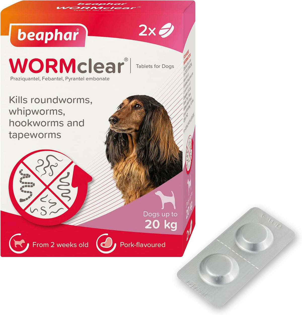 Beaphar - WORMclear® Tablets for Dogs up to 20kg - 2 Tablets - Kills All Common UK Intestinal Worms (Roundworms & Tapeworms) - Vet Strength Wormer - Pork-Flavoured - For dogs over 2 weeks old & 3kg