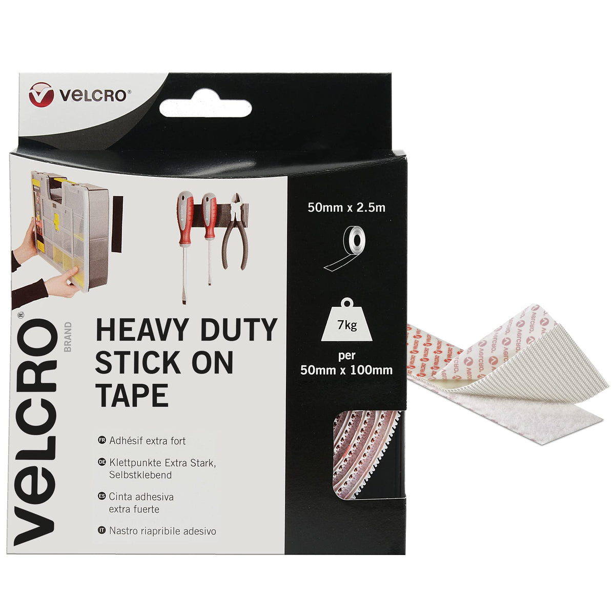 VELCRO Brand Heavy Duty Stick On Tape Cut-to-Length Industrial Extra Strong Double Sided Hook & Loop Self Adhesive Tape Perfect for Room Décor & Home, Office, Garage Use Black 50mm x 1m