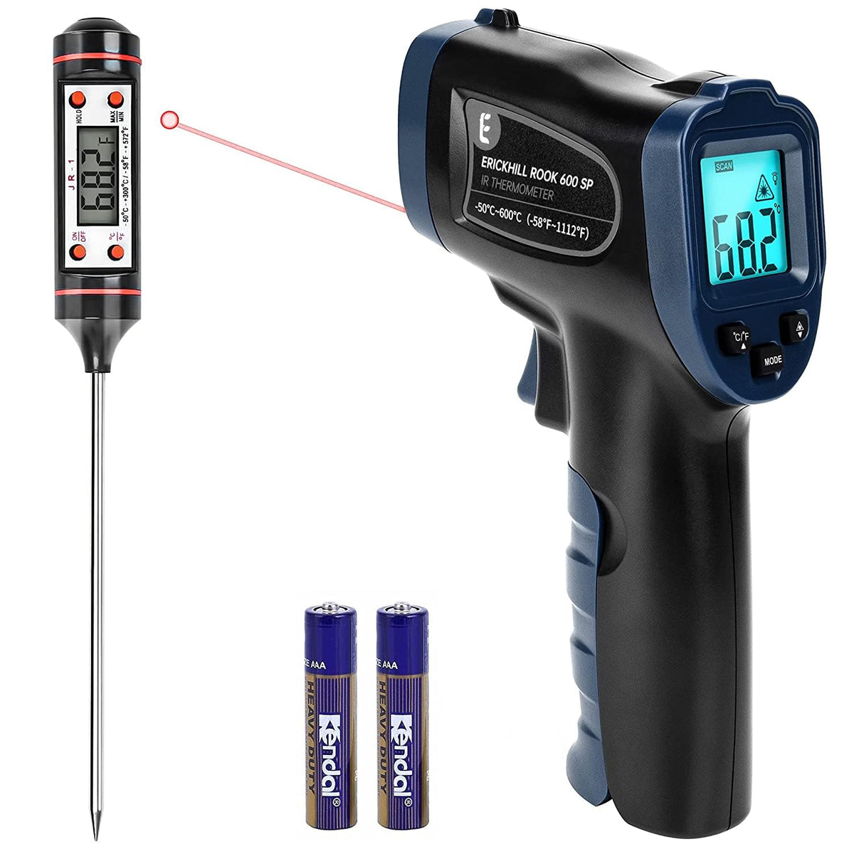 ERICKHILL Infrared Thermometer -50℃~550℃ With -50~260℃ Meat Thermometer, Non-Contact Laser Thermometer Gun LCD Backlit Digital Display Adjustable Emissivity - for Vehicle Repair/Cooking/BBQ/Freezer