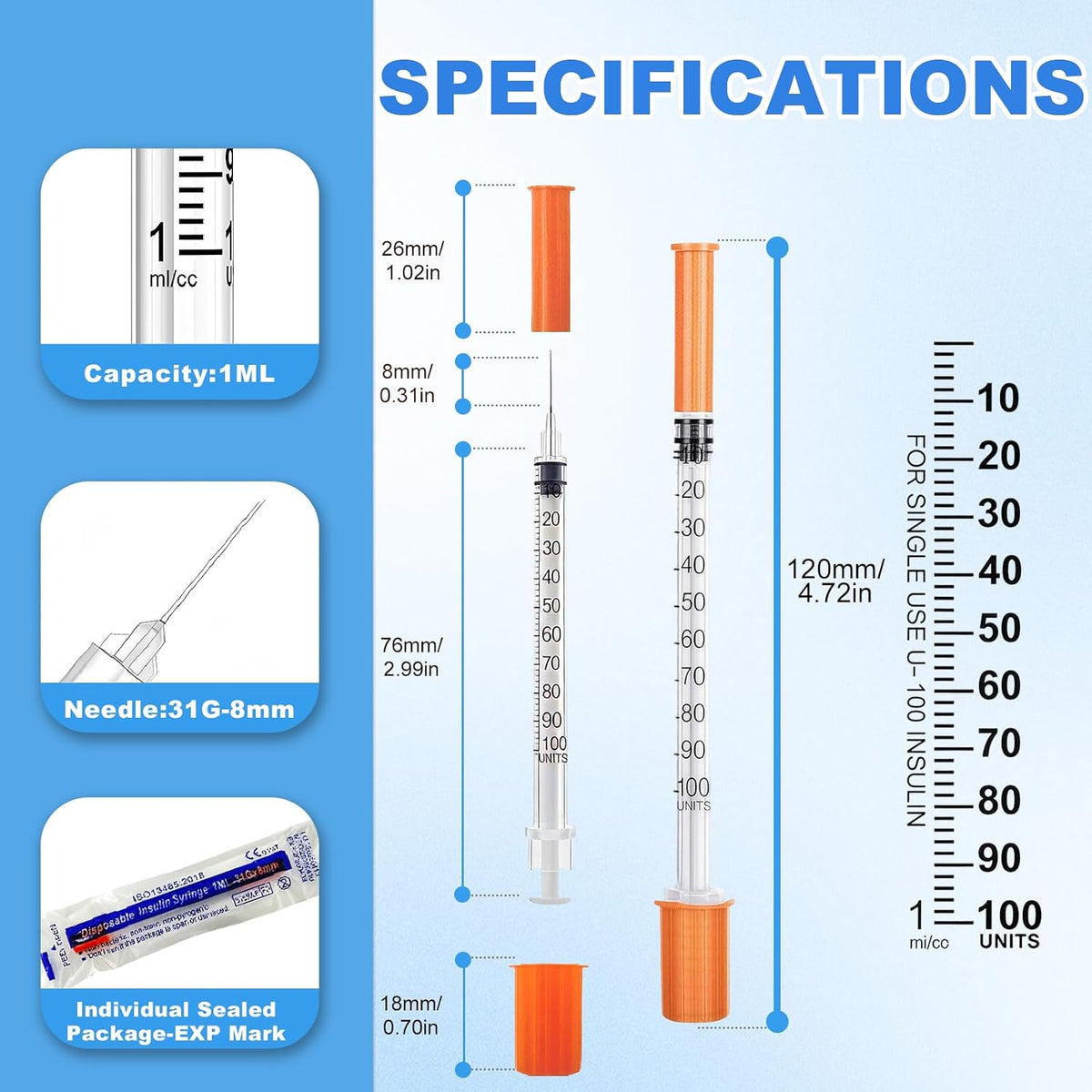1ml Syringes 31G 8mm, 20-Pack Individually Sealed