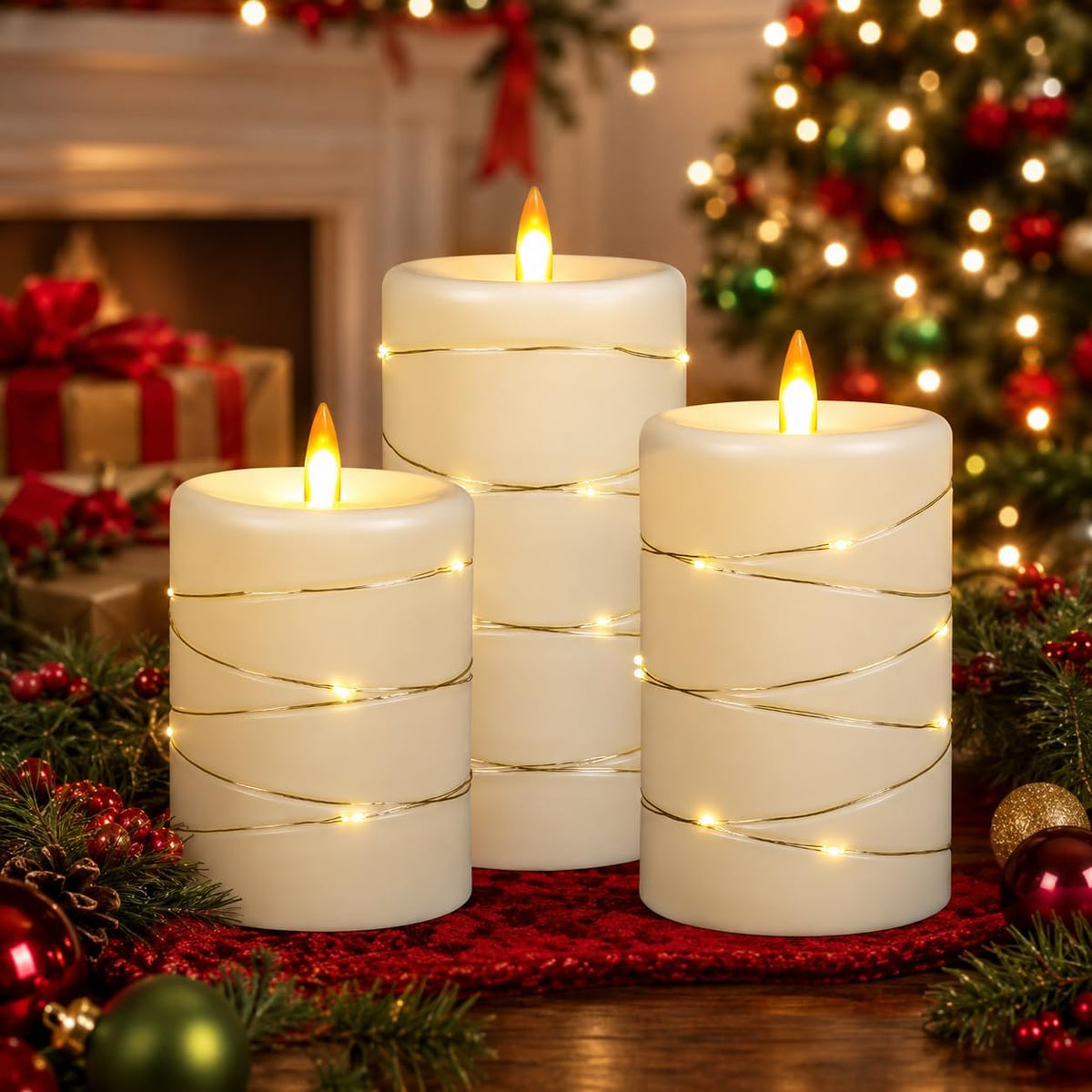 Da by 3 Pack Ivory Flameless LED Candles with Fairy Lights, Realistic Moving Flame Paraffin Wax Candles, Remote Control, Soft Warm Light, 8cm D x 12.5/14.5/16.5cm H, Indoor Wedding Home Decor