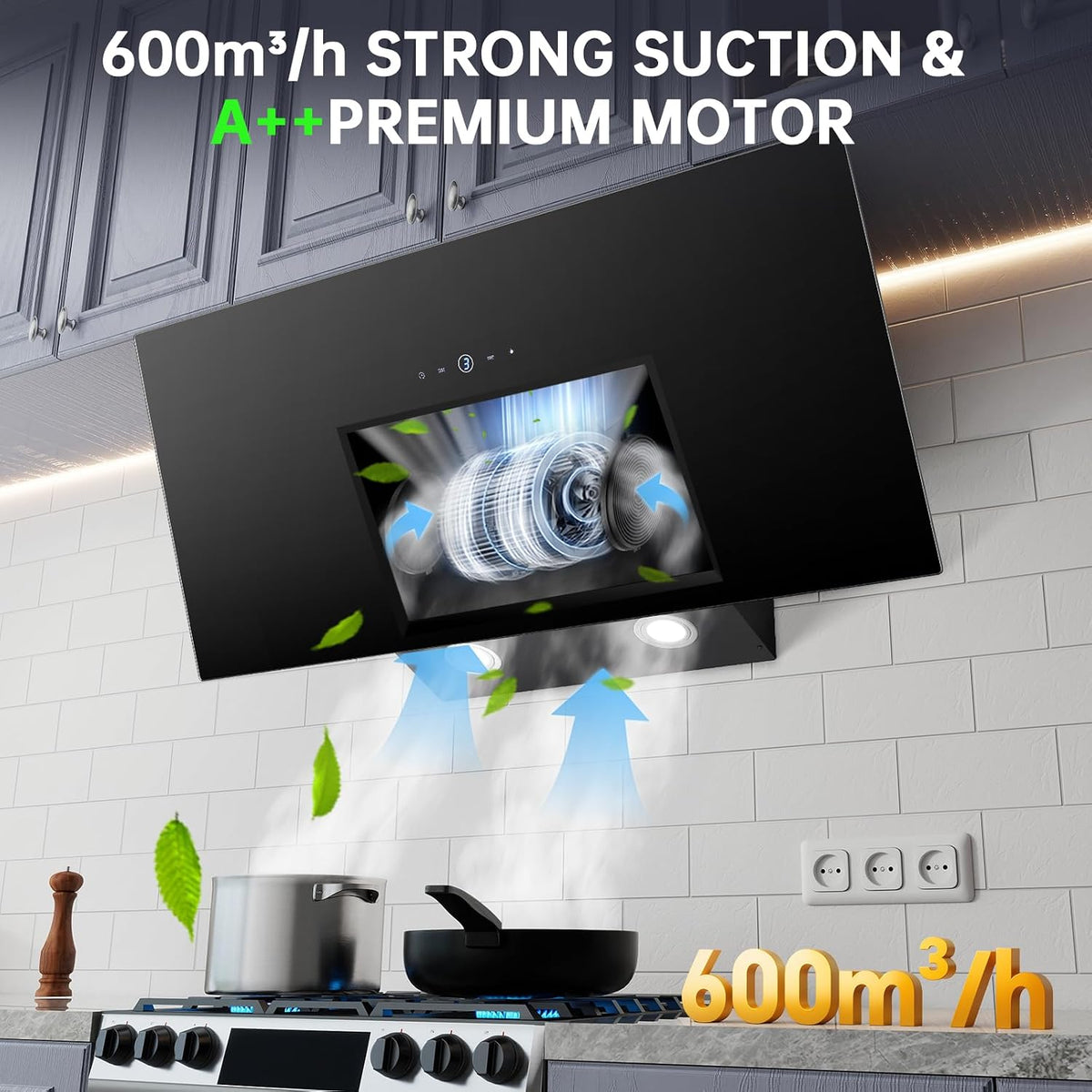 TopStrong Cooker Hood 90cm, 600 m³/h Extractor Fan kitchen, Wall-Mounted Extractor Hood, A++ Energy Efficiency, Touch Control, 58 dB, Recirculating & Ducting System, Black