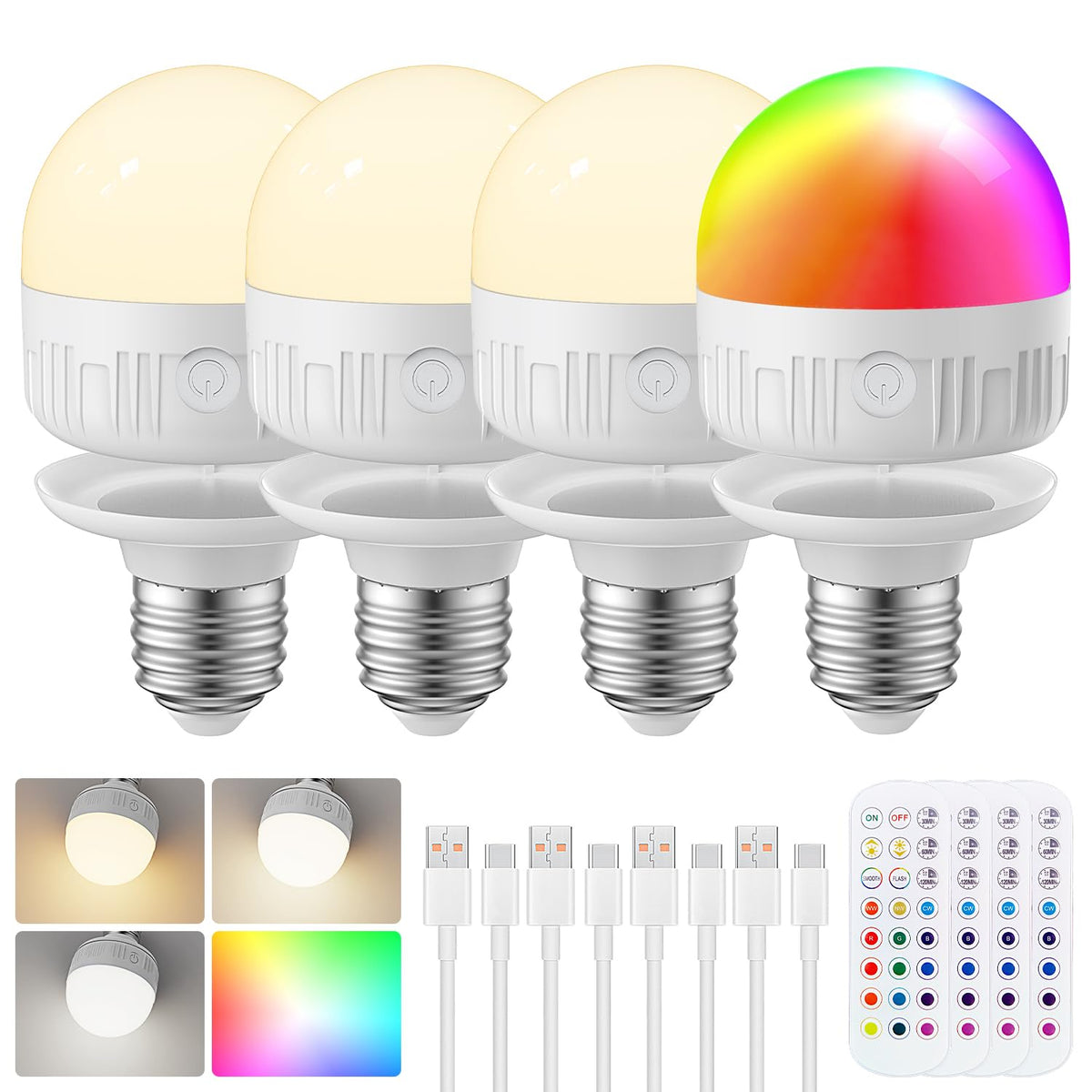 LGMCF E14 Rechargeable Light Bulb, 8W, 3 Colors, Timer, Dimmable, 2 Pack