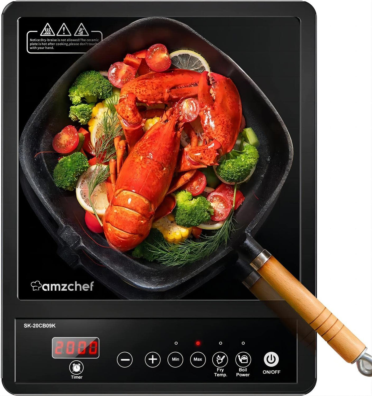AMZCHEF Single Induction Cooker, Ultra-thin Induction Hob with Fashion Look, 20-level Power and Temperature Control, Black Frosted Glass Panel, Touch Sensor, 3-hour Timer, Safety Lock
