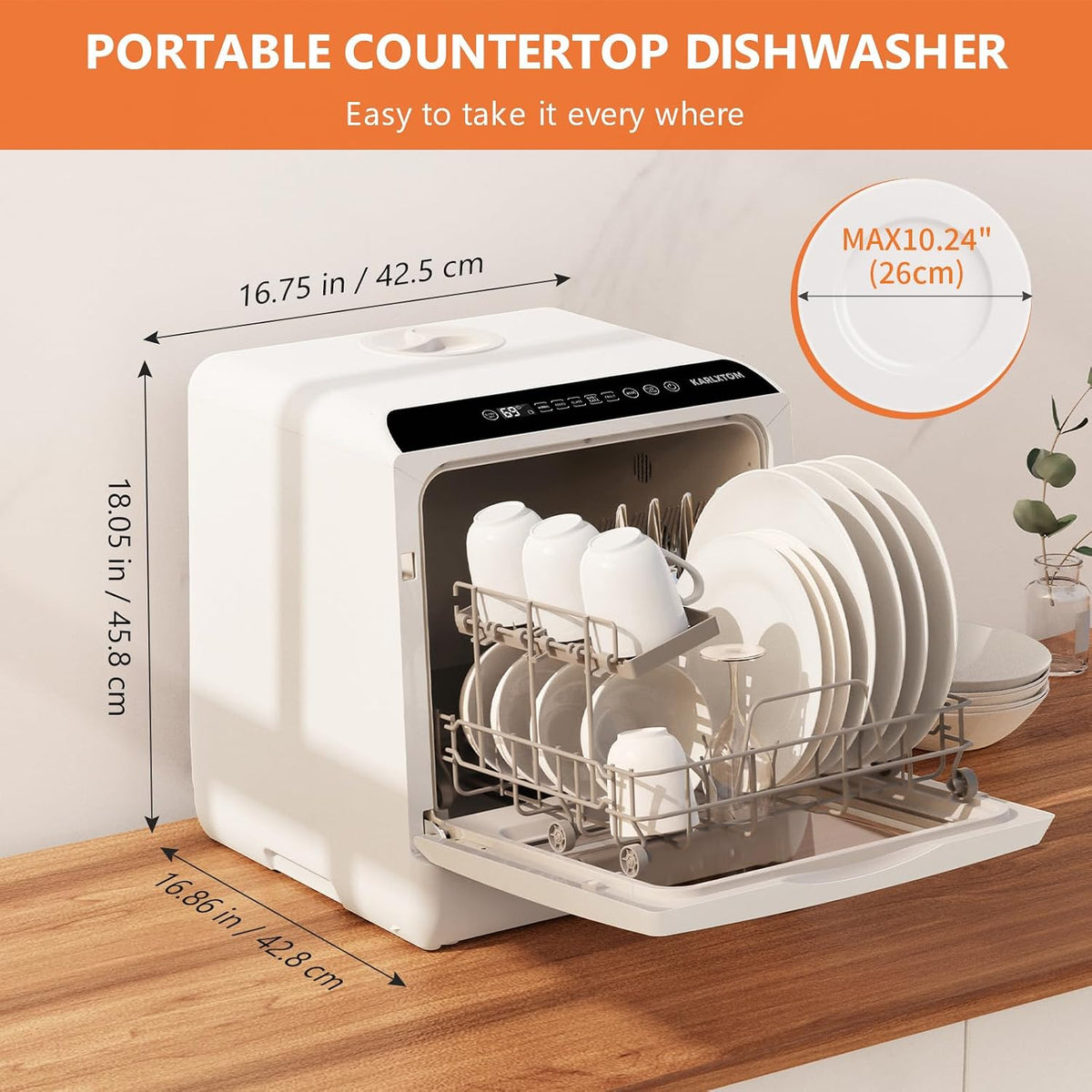 Karlxtom Table Top Dishwasher 6 Programs Mini Dishwasher with Touch Control, Auto-drying, Baby Care & Fruit Wash, Perfect for Small Families, Couples