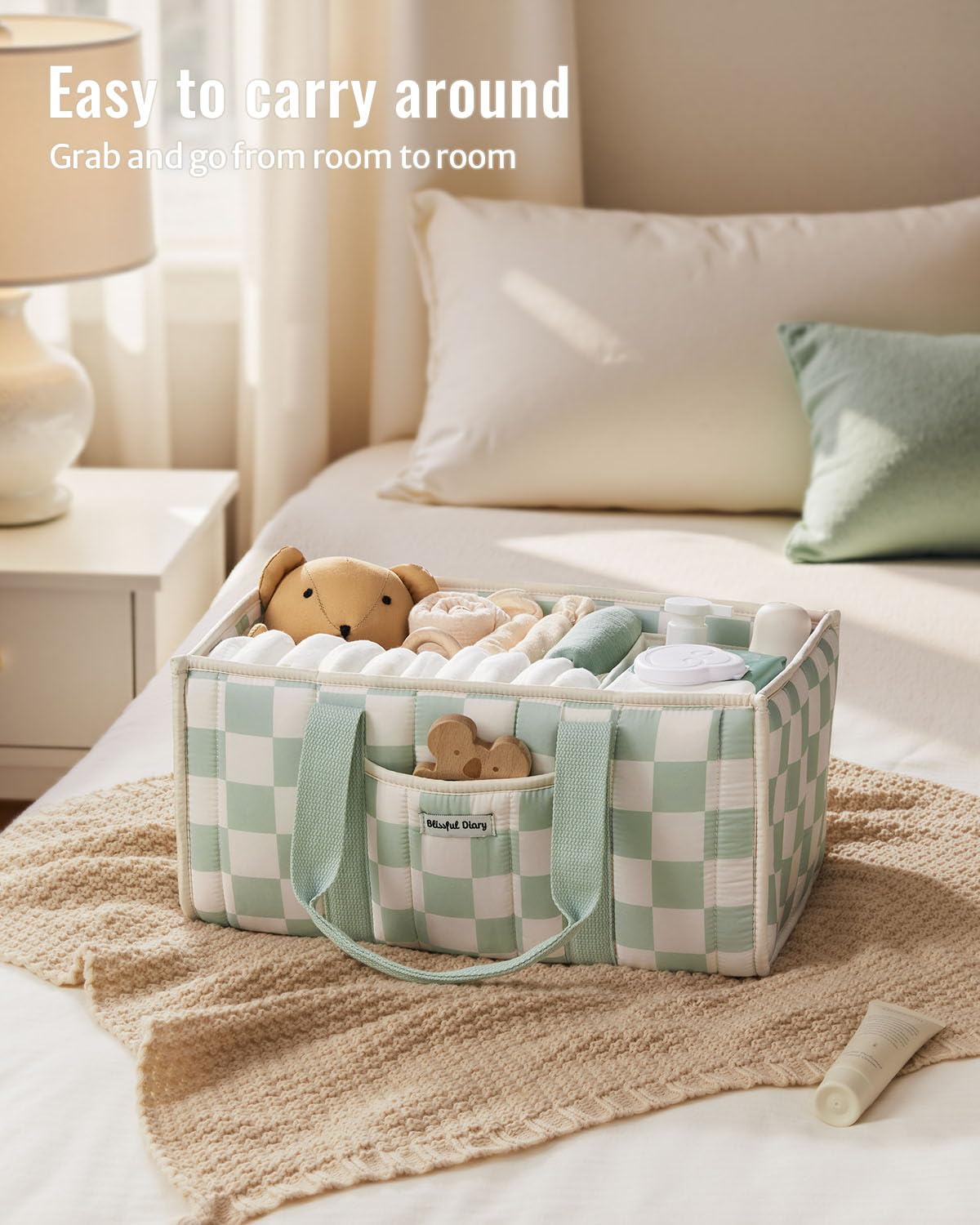 Blissful Diary Nappy Caddy Organiser, Baby Diaper Caddy for Nappy Station, Stylish Storage Basket for Newborn Essentials, Baby Shower Gifts for Girl or Boy, Woodland Cream
