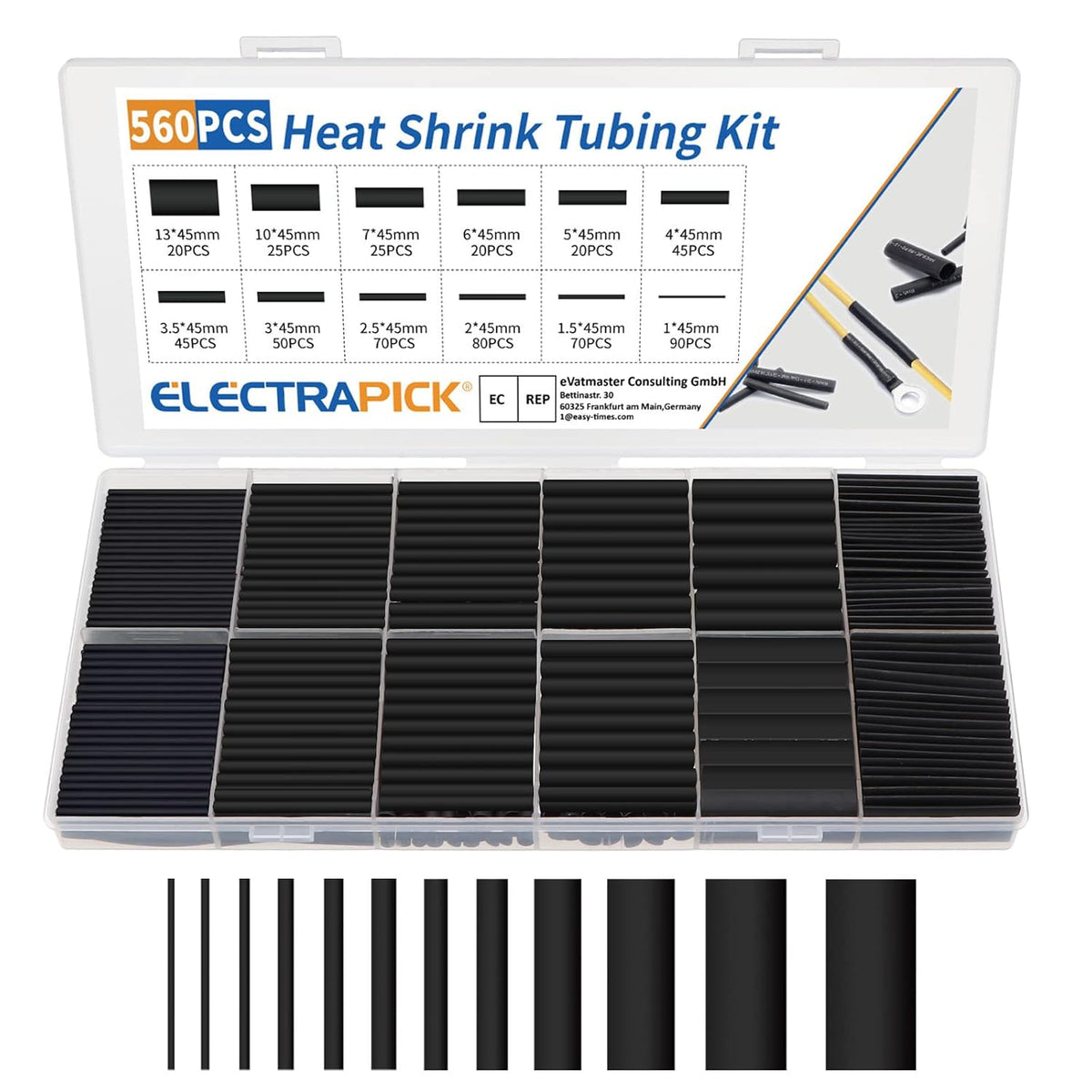 560 Pcs Heat Shrink Tubing Kit Ratio 2:1 Electrical Shrink Tubing Wire Large Wrap Industrial Shrink Tubes Assortment（12 Sizes Black）