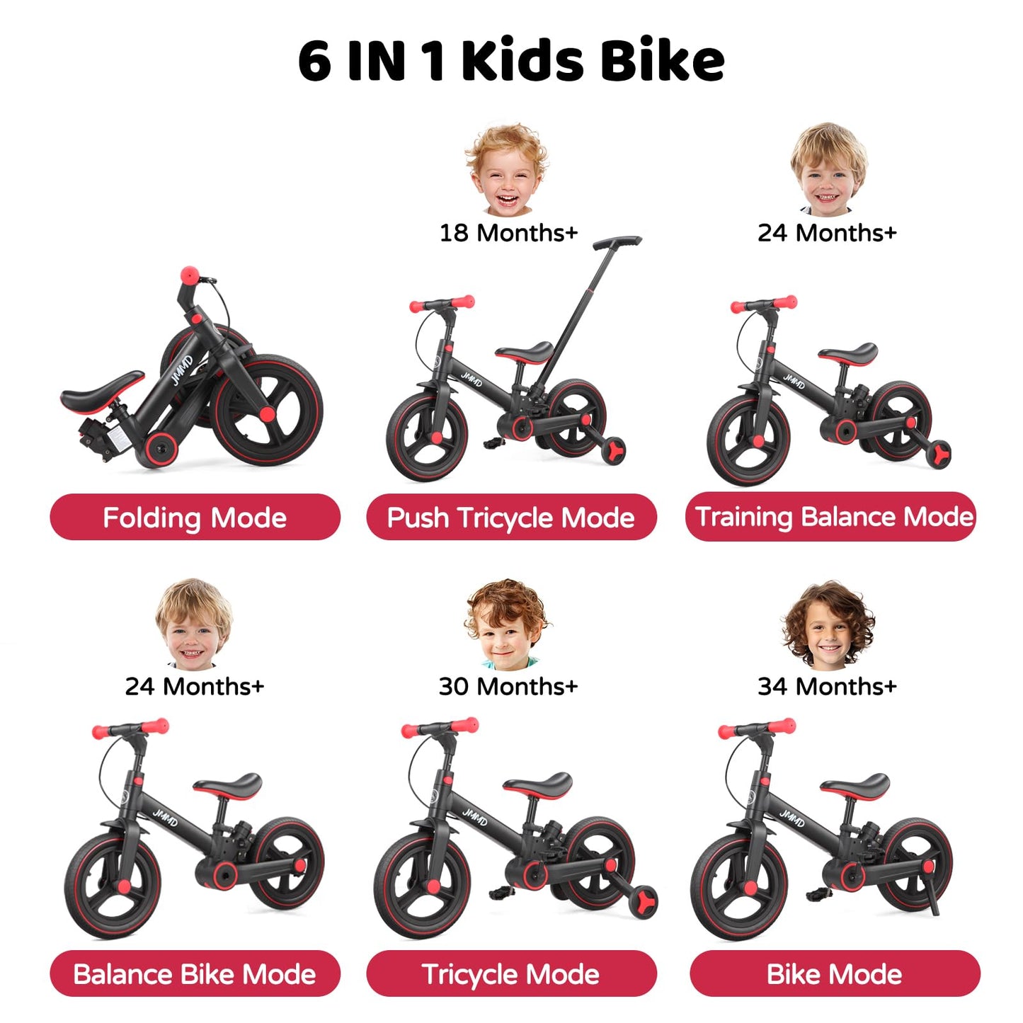JMMD 6-in-1 Convertible Toddler Balance Bike to Pedal Bike — Ages 18 Months to 5 Years