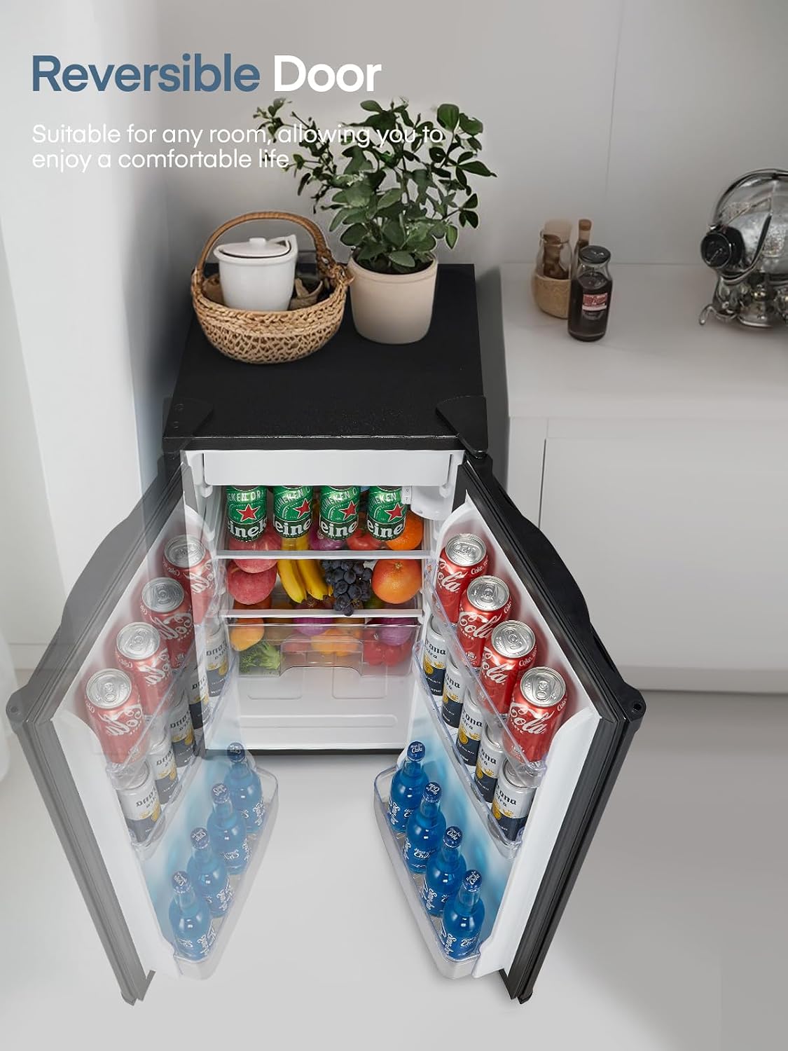FOHERE Under Counter Fridge 90L, Freestanding Refrigerator with Chiller Box, Adjustable Thermostats & Legs, Removable Shelf, Reversible Door, Energy Efficient, Black