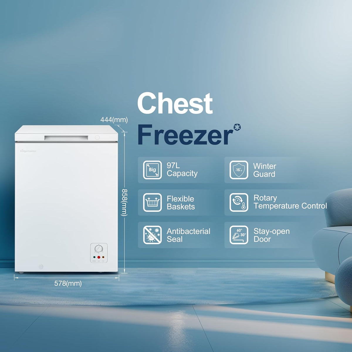 Fridgemaster White Chest Freezer, 97L Capacity, MCF100E， Freestanding, Mechanical Control, Winter Guard (-15°C), Low Noise 38dB, Basket Storage 858 (H) x 578 (W) x 444 (D) mm