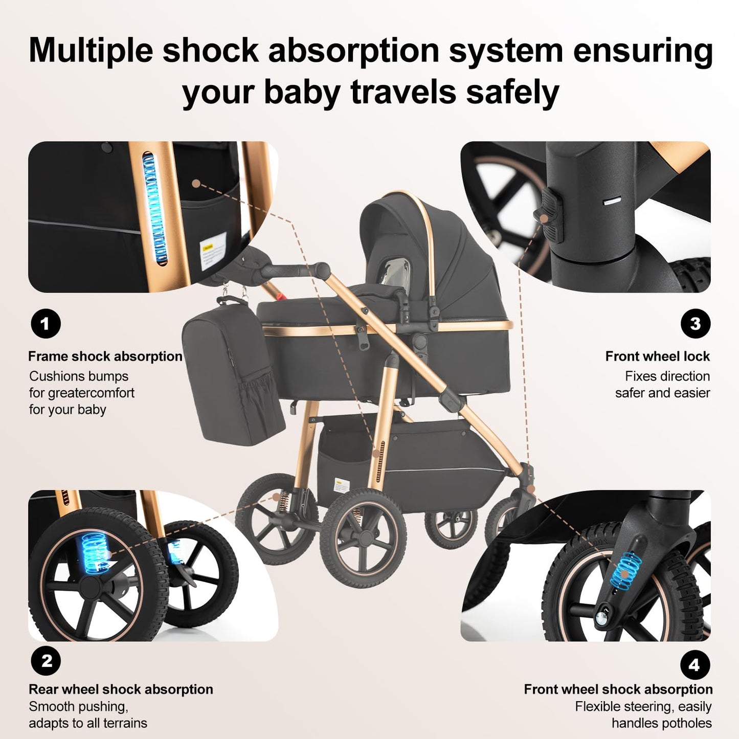 Zkipm Baby Pram 3 in 1, Foldable Baby Stroller,Pram Set Travel with Adjustable-Height Push Handle, Present Rain Cover, Mosquito Net, Bag, Cooling Mat, ect for Ages 0–3