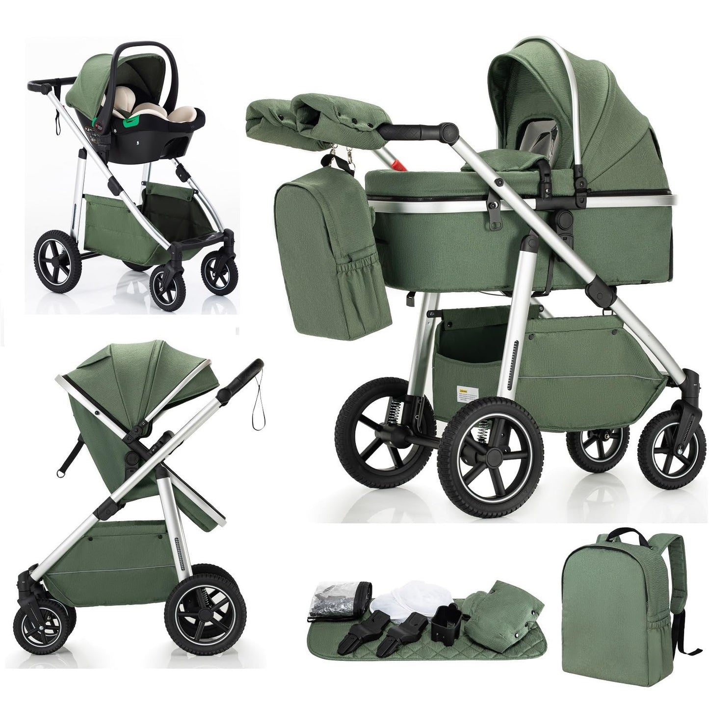 Baby Stroller 3 in 1,Travel Pushchair's Lie-Flat Pram is Foldable, Stroller System Handle is Adjustable, The Wheels are Made of PU Material, Suitable for 0-3 Years-Khaki