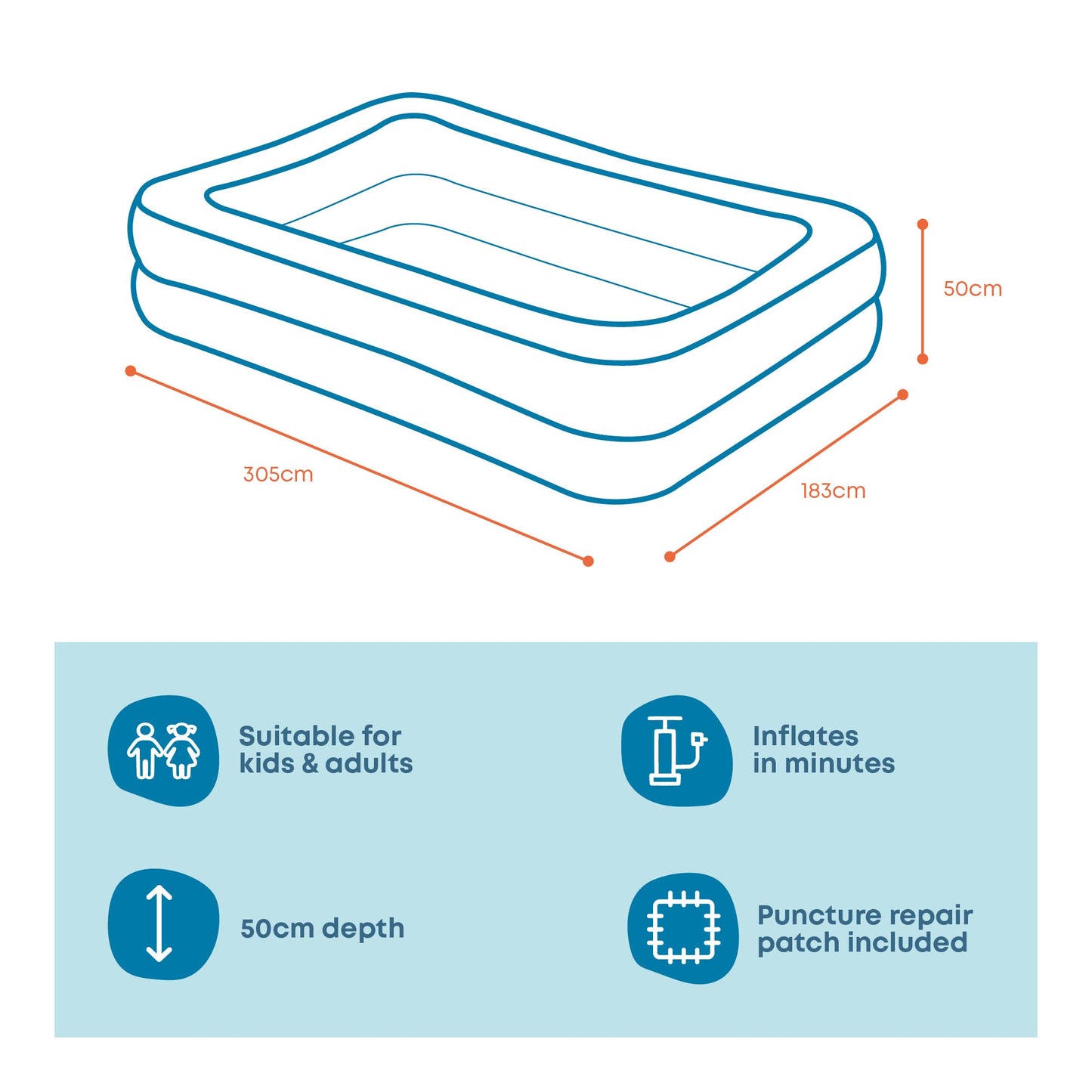 SPLASH! 8.5ft Rectangular Inflatable Swimming Pool — 780 Litre Capacity