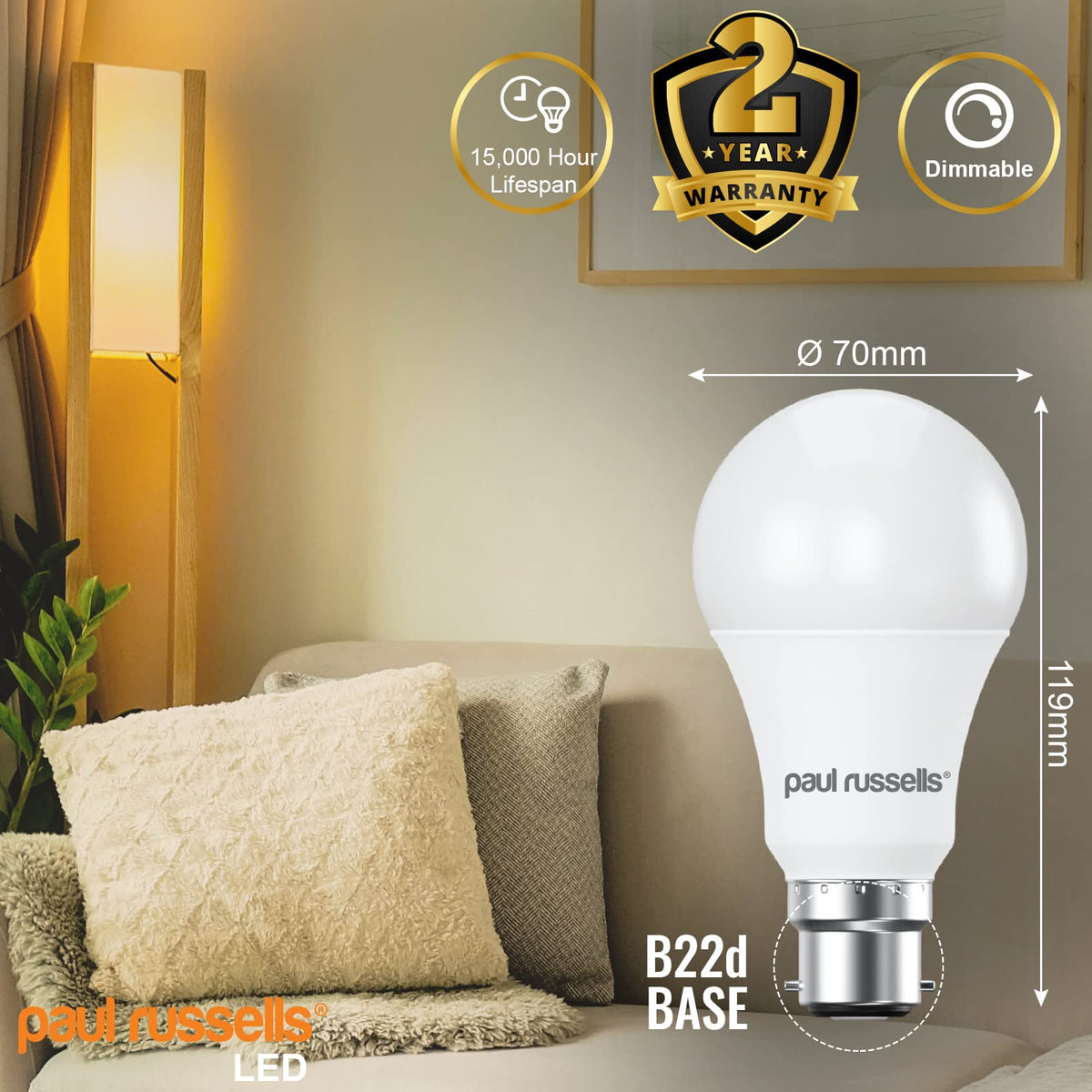 paul russells LED GLS - Dimmable Bayonet Light, 14W 1521 Lumens B22 A70 LED Bulbs, 100w Equivalent, 6500K Daylight, Dimmer Standard BC Energy Saving Ceiling Lightbulbs, 2 Pack