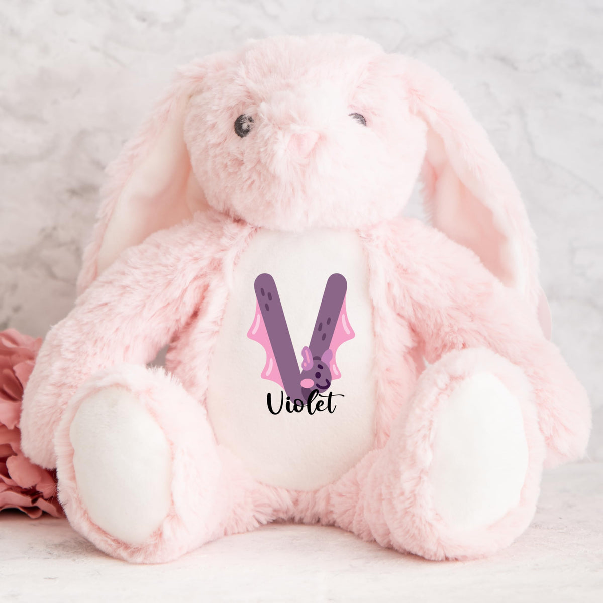 Crafted Memories - Personalised Teddy | Velveteen Bunny Soft Toy | Customisable Name for Newborns | Keepsake for Boys & Girls | Baby Shower Item | Pink Initial | Grey or White, 20-23cm