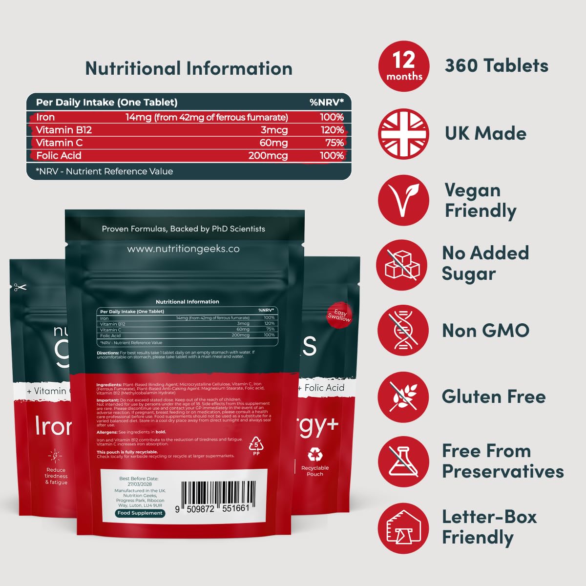 Iron Tablets High Strength - Energy Tablets with Vitamin C, B12 & Folic Acid - 120 Vegan Iron Supplements for Women and Men - 14mg - Enhanced Energy Support & Increased Absorption - UK Made