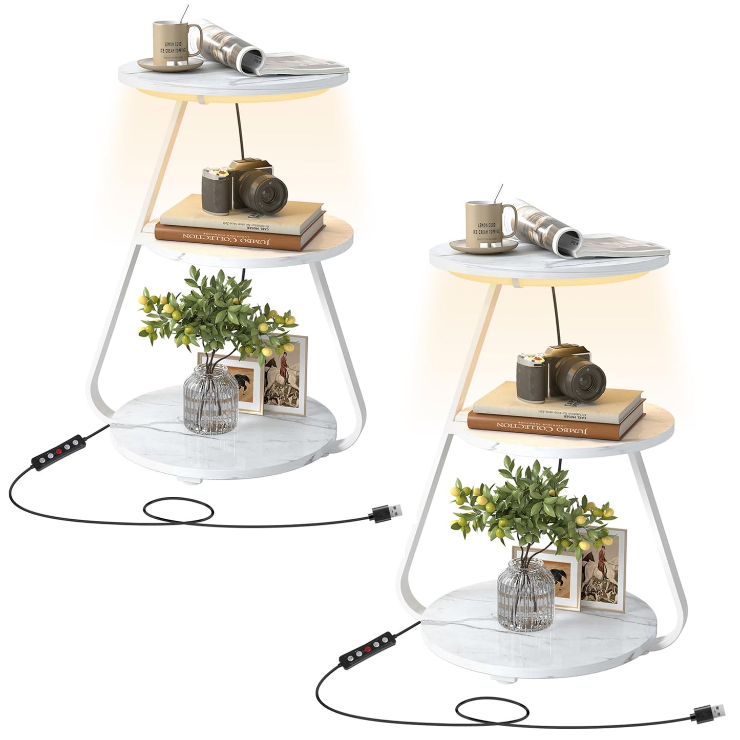 ARTETHYS Side Table, Small Round Coffee Table with 3 Color LED Lights, End Table with 3 Tier Storage Shelves, Bedside Sofa Side Tables for Living Room Bedroom, Rustic Brown