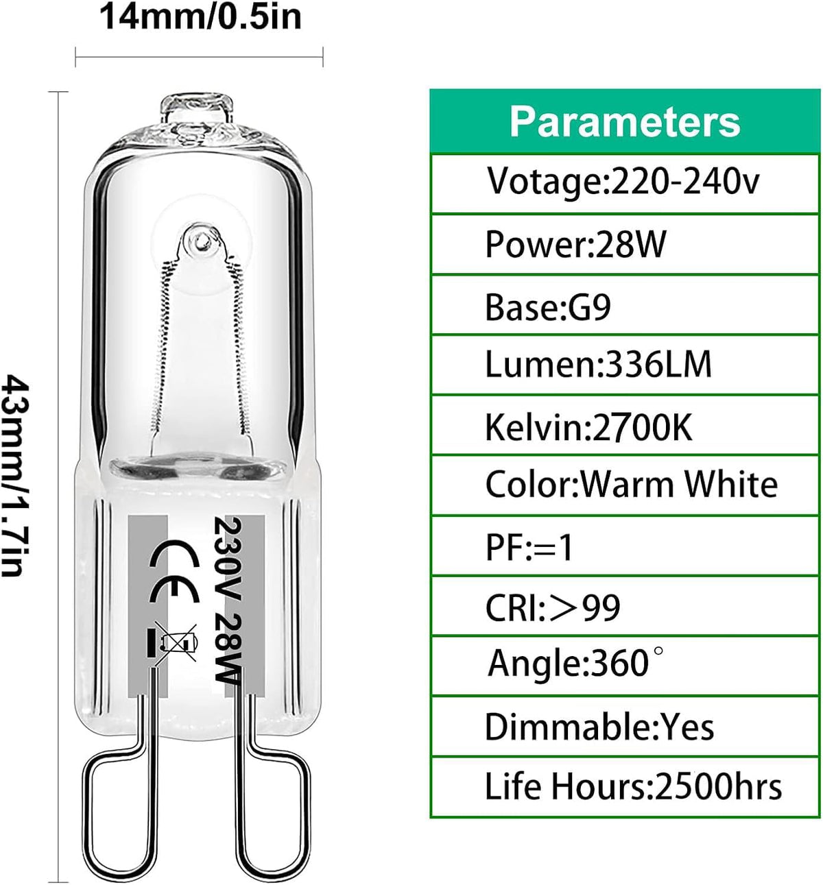 G9 Halogen Light Bulbs, 28W Dimmable Capsule, Warm White 230V 2700K, Non-Flicker - 12 Pack