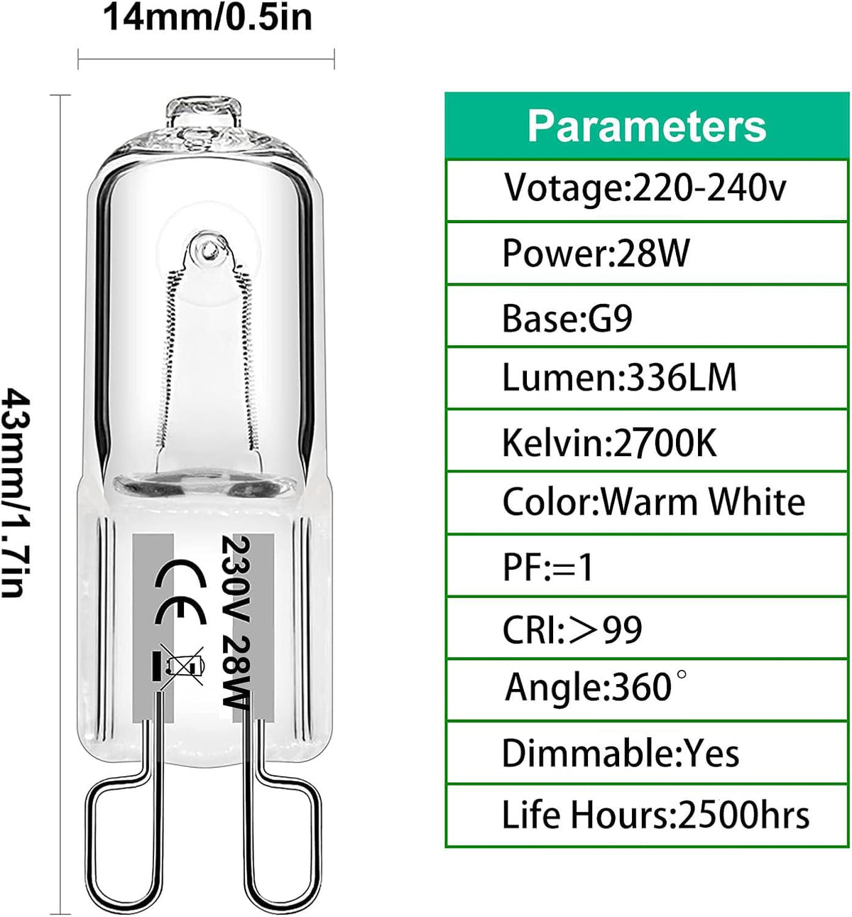 G9 Halogen Light Bulbs, 28W Dimmable Capsule, Warm White 230V 2700K, Non-Flicker - 12 Pack
