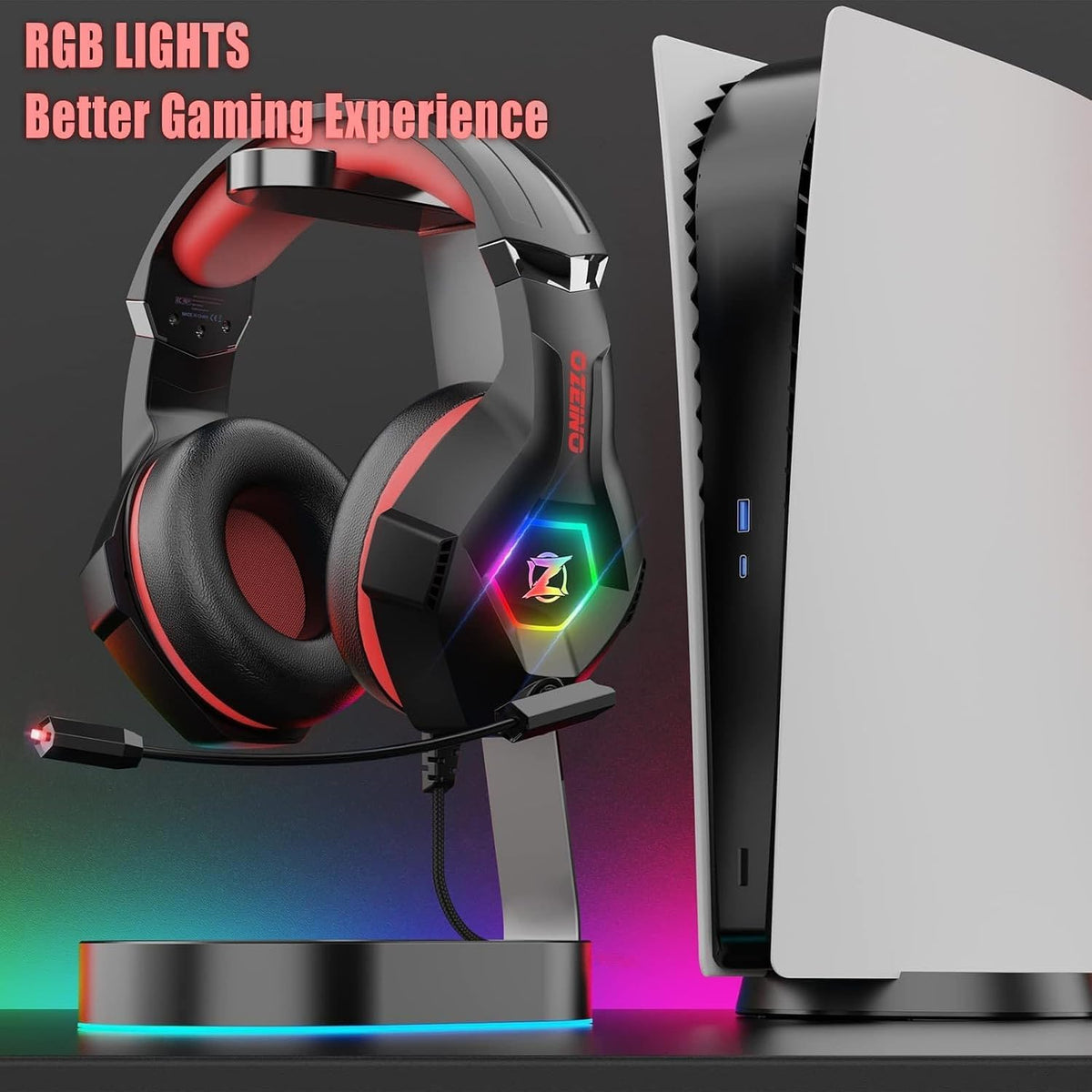 Ozeino Gaming Headset with Microphone for PS5/PS4/Xbox One/PC/Switch, Gaming Headphones with 3D Surround Sound & Noise Cancellation Pink