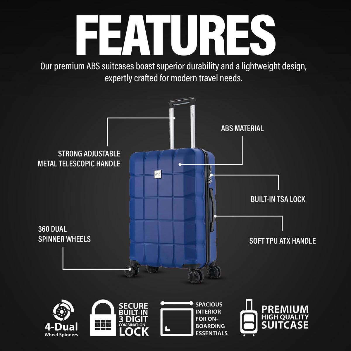 ATX 28 Inch Suitcase Large 110L – Lightweight Hard Shell Checked Luggage, 4 Wheels, TSA Lock, 30KG Capacity, Black