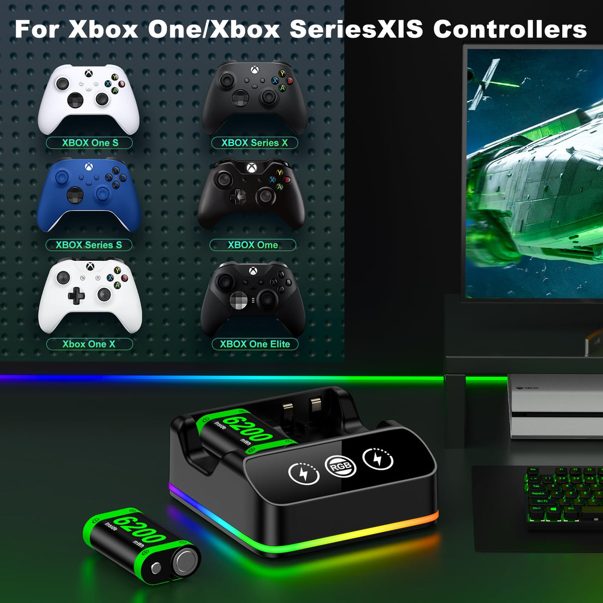 Rechargeable Battery Pack for Xbox One/Series Controller, 4x6200mWh Battery Pack with Charger/Cooling RGB/25H Playtime, Compatible with Xbox One/S/X/Elite 1, Series S/X Controller