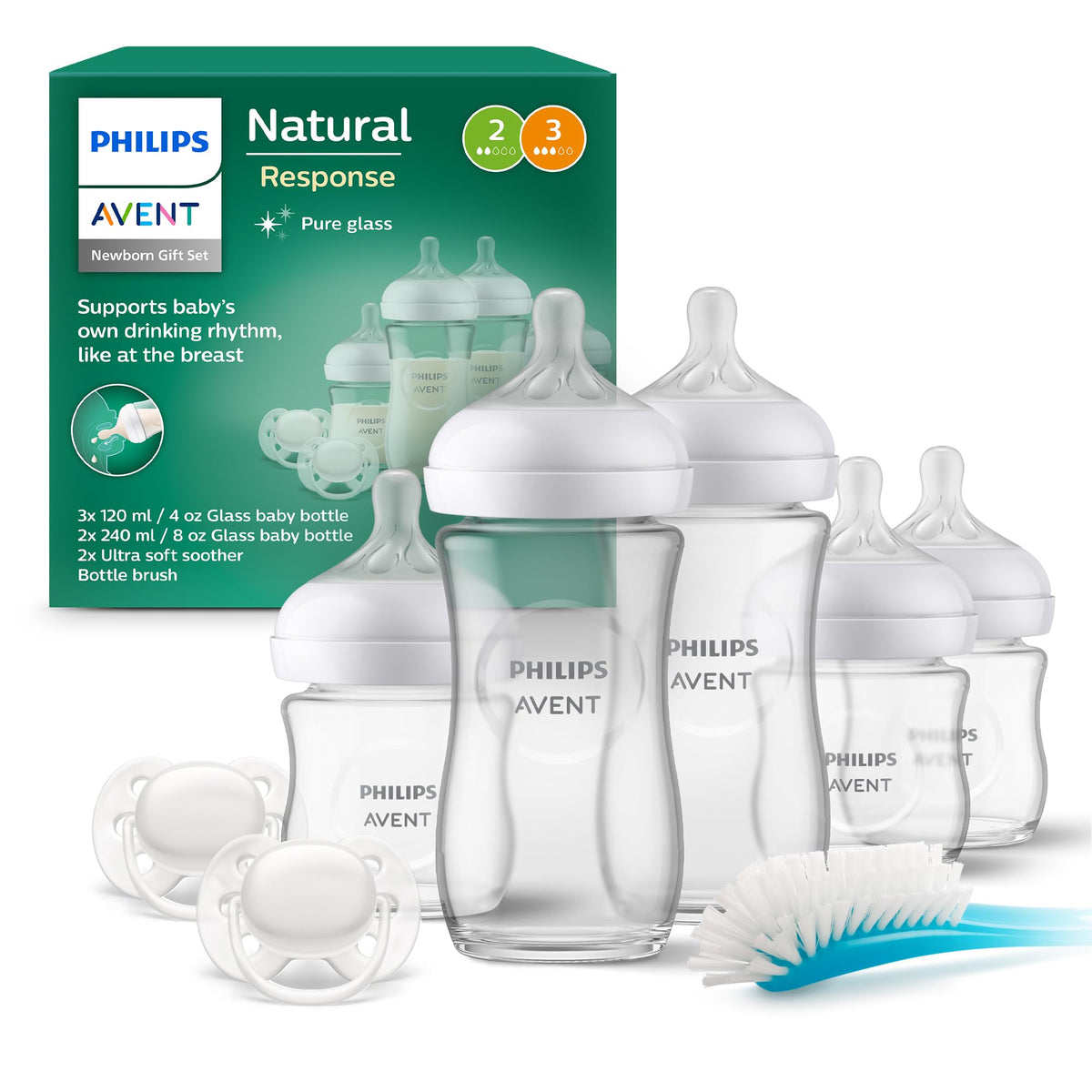 Philips Avent Natural Response Glass Baby Bottles 8oz/240 ml with Medium Flow Teats (Flow 3), 2 Pack, SCY933/02