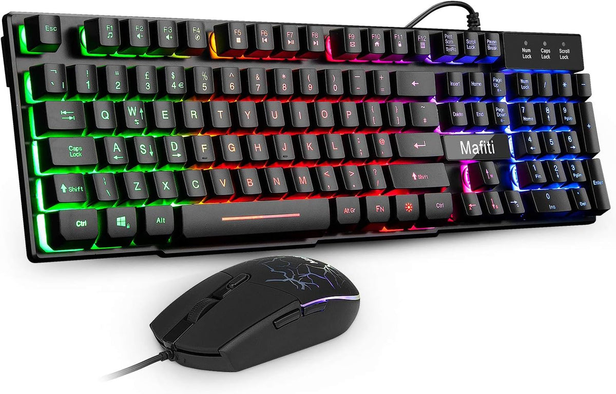 Gaming Keyboard and Mouse Set,Mafiti Rainbow Backlit Keyboard with Mechanical Feeling Breathing Light for Working or Gaming,UK Layout