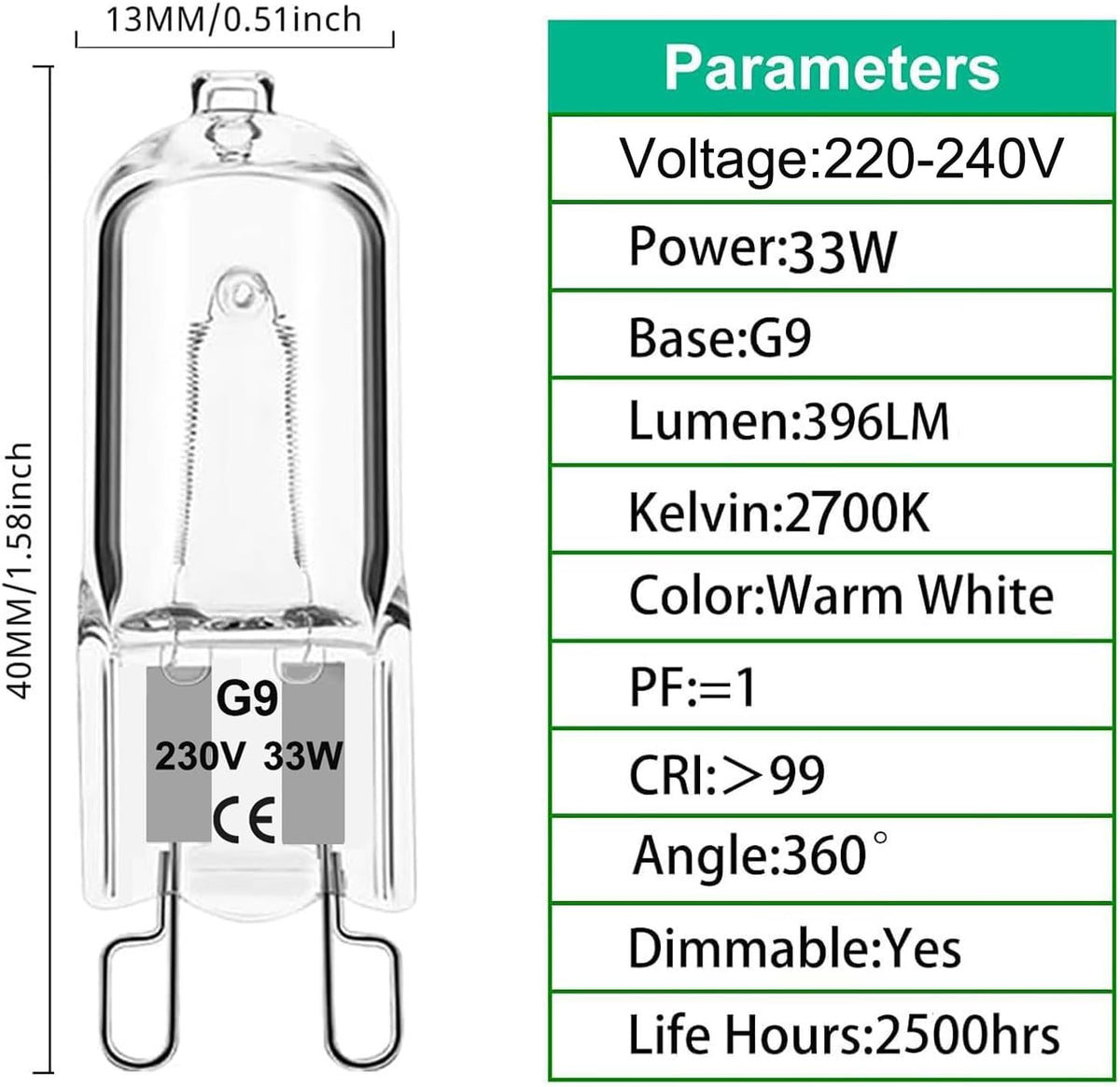 G9 Halogen Bulbs 33W, G9 Halogen Light Bulbs Warm White 2700K, Capsule Bulb Dimmable 230V for Ceiling Lights, Crystal Lamps, Chandeliers，Ovens, Microwave, Non Flicker,6 Pack