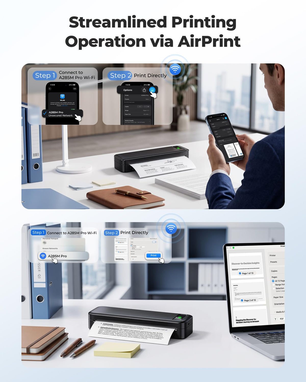 Portable Thermal Printer A4 Inkless Wireless Bluetooth Small Mobile - Black