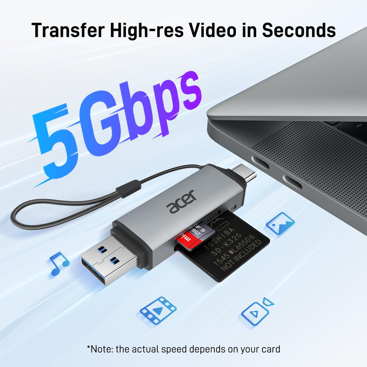 Acer SD Card Reader, USB C & USB 3.0 Memory Card Reader Adapter, Black