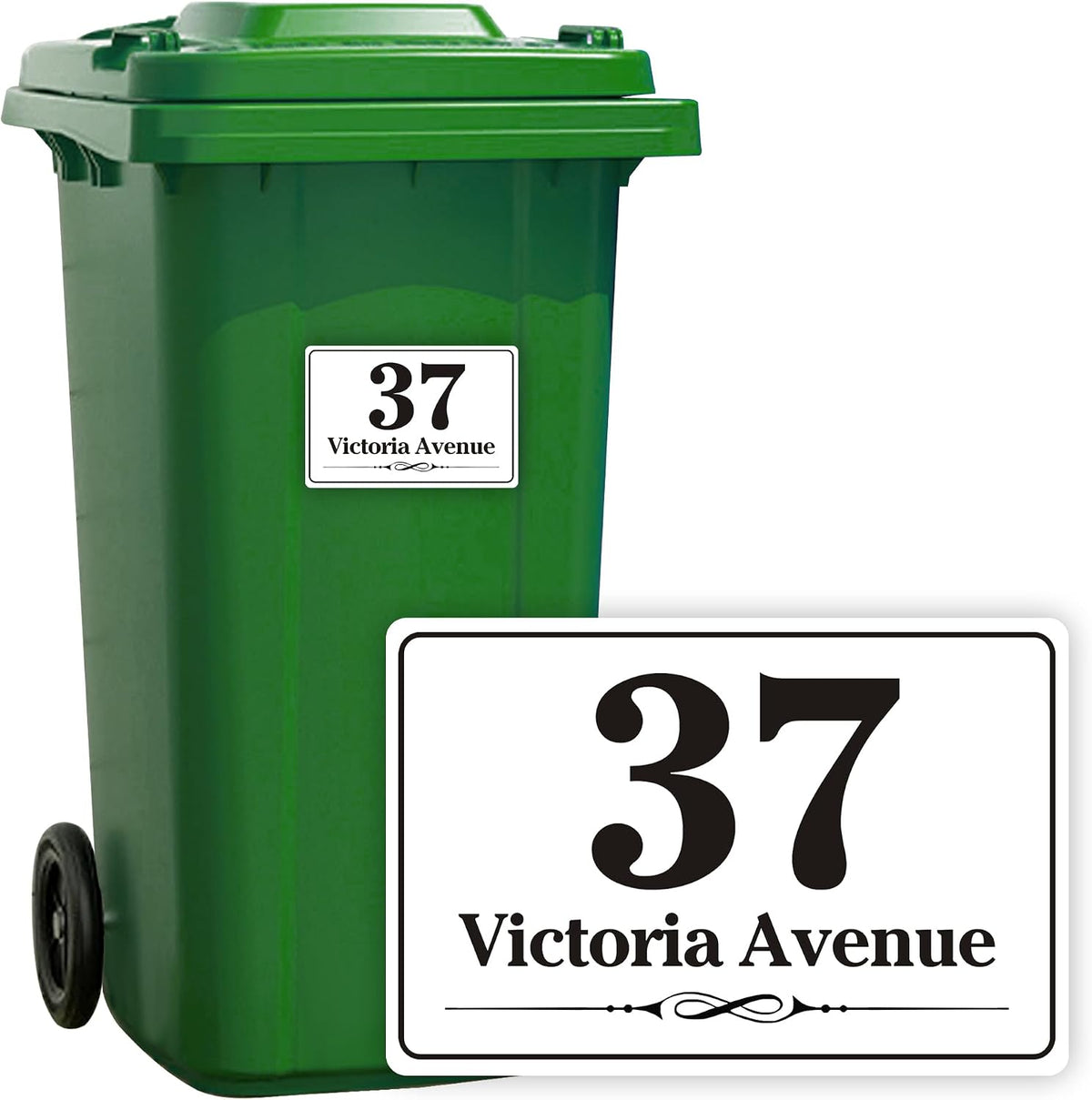 EDSG 4 x Wheelie Bin Stickers, Personalised Bin Numbers for Wheelie Bins, Custom Wheelies Bins Numbers Stickers, Number Sticker with House Number Street Name (Design 2)