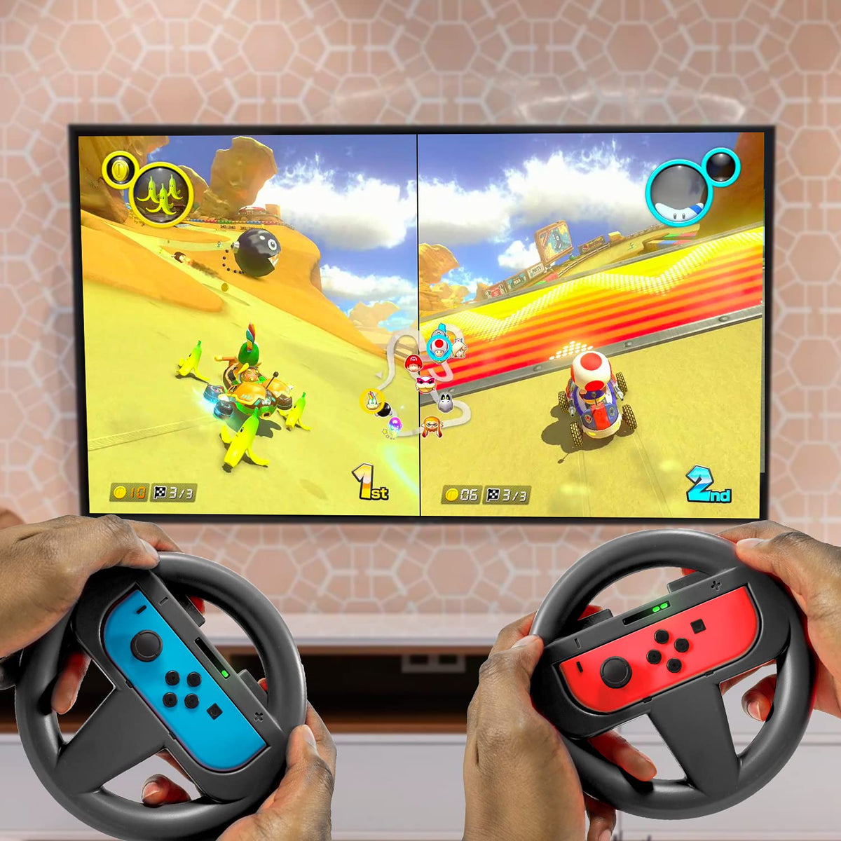 Orzly Racing Steering Wheels – Compatible with Switch 2 (2025 Console) – Party Pack of 4 Joy-Con Controller Attachments for Racing Games (2 Black, 1 Blue, 1 Red)