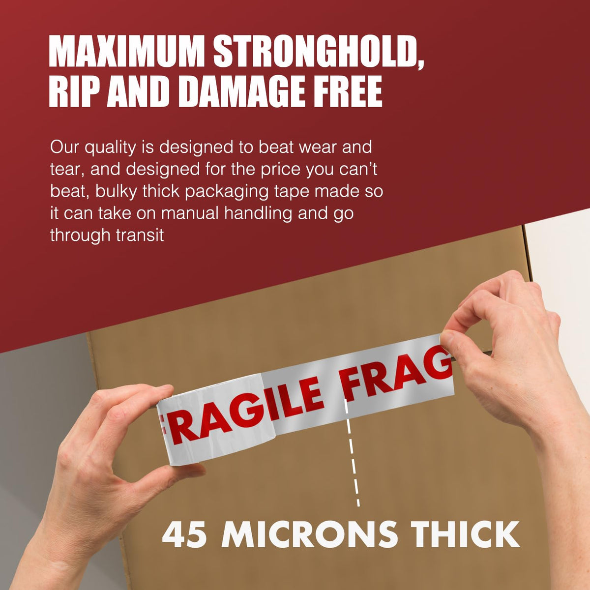 Merrimen Strong Heavy Duty Roll Pack Fragile Packaging Tape, Secure Sticky Sealing Tape for Parcel Boxes, Moving Boxes, Large Postal Bags for Long Term Storage, (48MM x 66M) (12 rolls, Fragile)