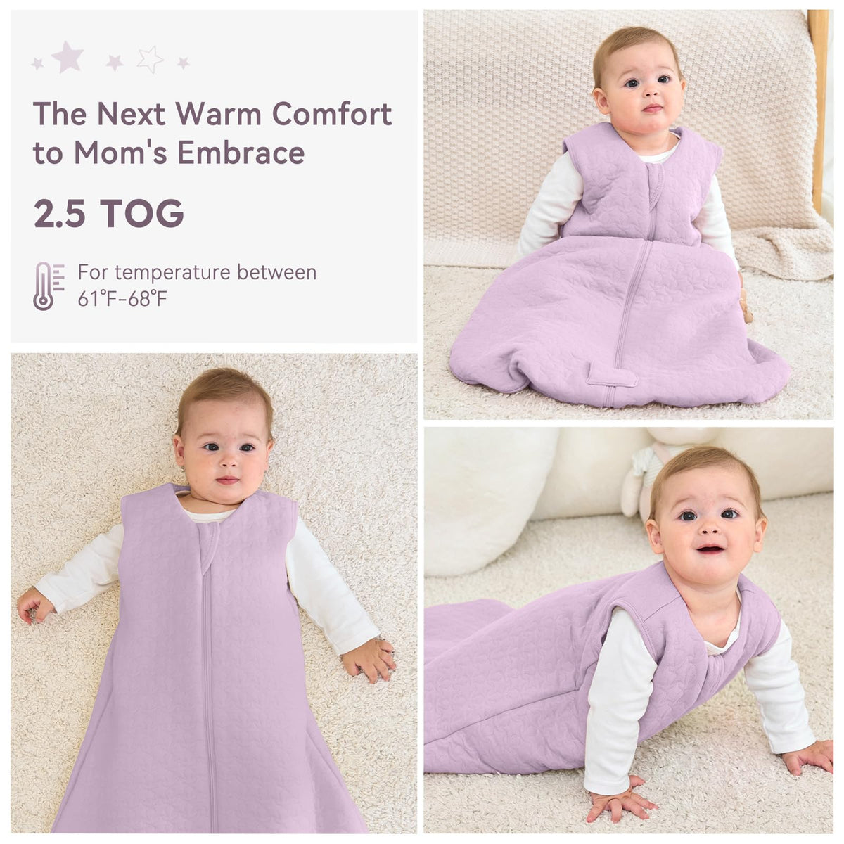 Unnivoll Baby Sleeping Bag 2.5 Tog 0-6 Months 100% Cotton Winter Sleeping Bag Baby 2-Way Zipper Quilted Sleep Sack for Newbron Infant Warm Soft Apricot