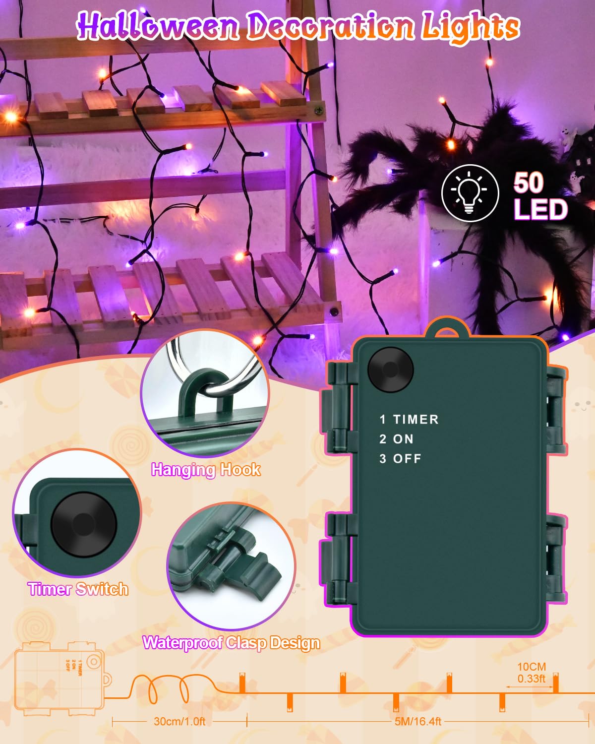 Dalugo Halloween Decoration Lights, 5M 50 LED Orange Purple White Fairy Lights with Timer, IP65 Waterproof Battery Powered Lights for Indoor Outdoor Autumn Halloween Decorations(Green Wire)