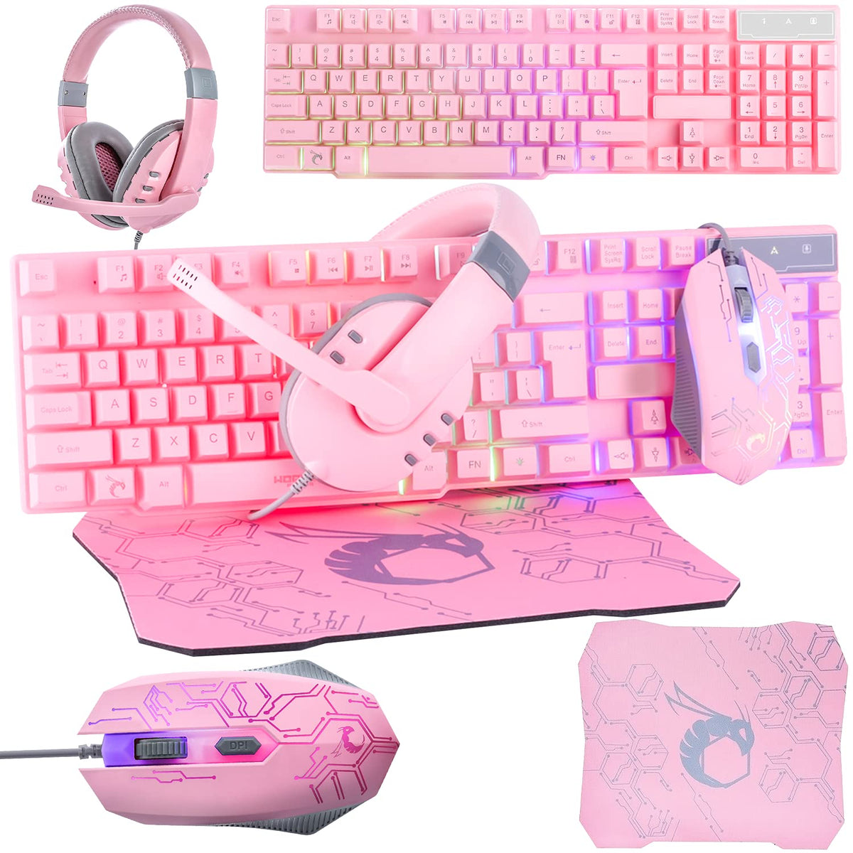 Gaming Keyboard and Mouse and Mouse pad and Gaming Headset, Wired LED RGB Backlight Bundle for PC Gamers Users - 4 in 1 Gift Box Edition Hornet RX-250