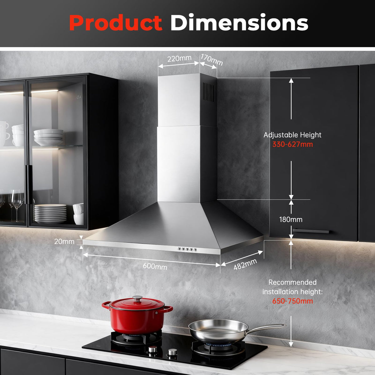 SNDOAS Chimney Cooker Hood 90cm, 3-Speed, Recirculating & Ducting