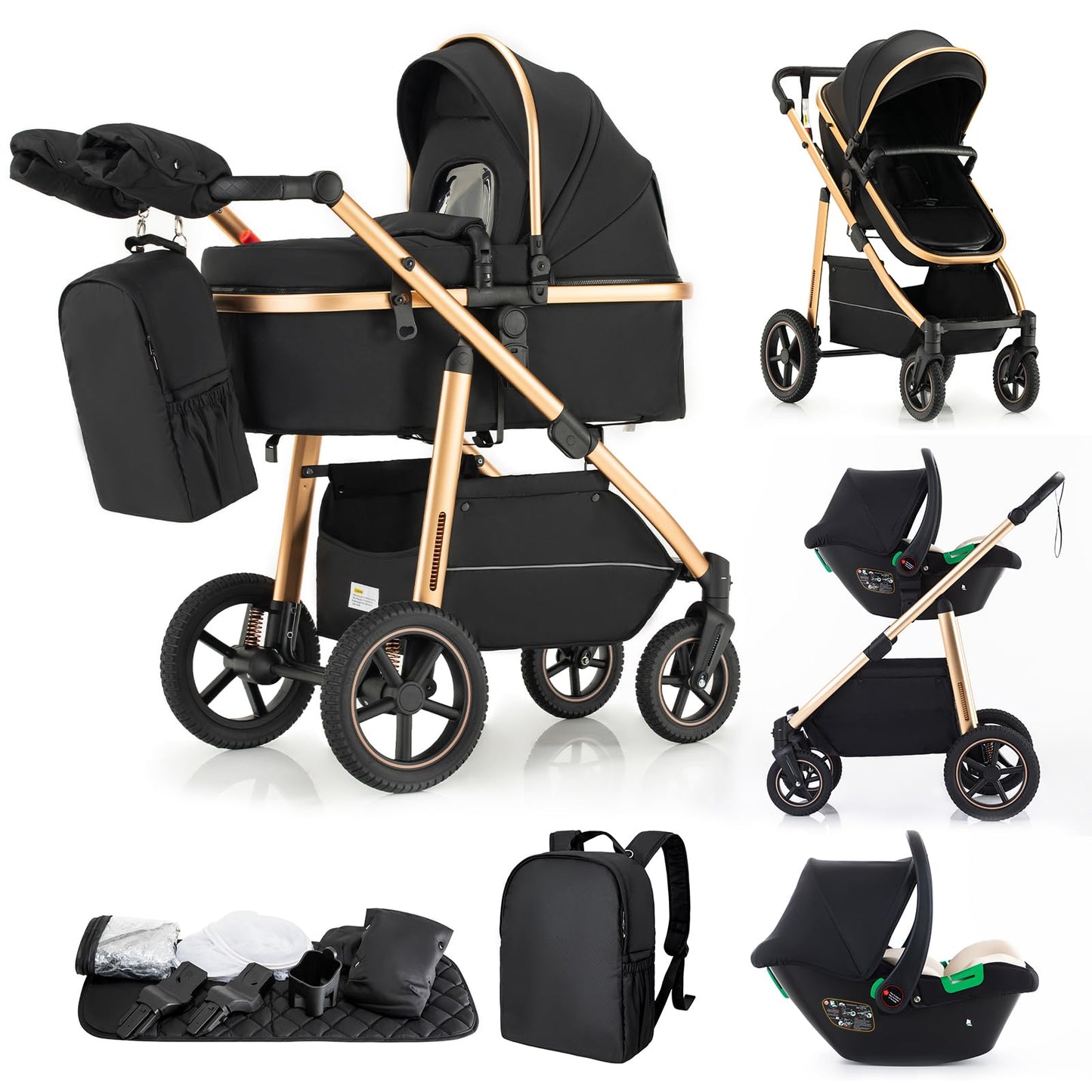 Gcarebb 3 in 1 Prams Travel System, Pushchair with Height Adjustable Handle, Travel Pram with Mosquito Net, Baby Stroller with Aluminum Frame for Newborn 0-4 Years