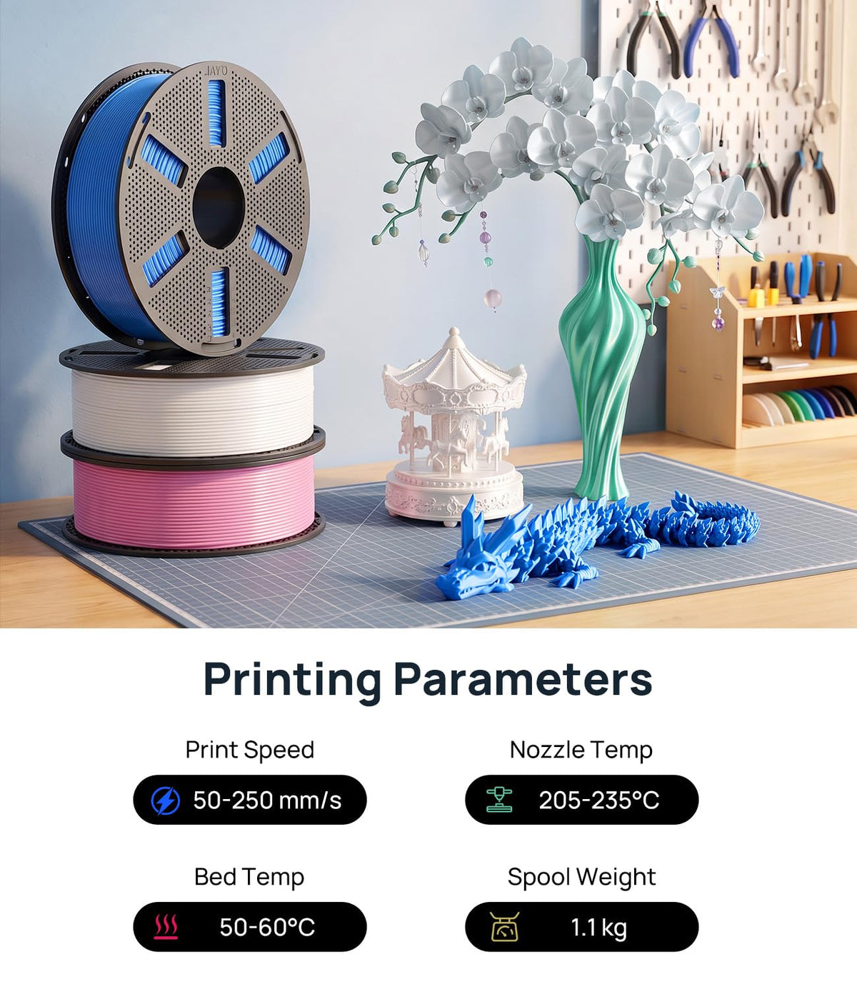 JAYO PLA+ 3D Printing Filament 1.75 mm, 1.1KG (2.4lbs) Spool Black