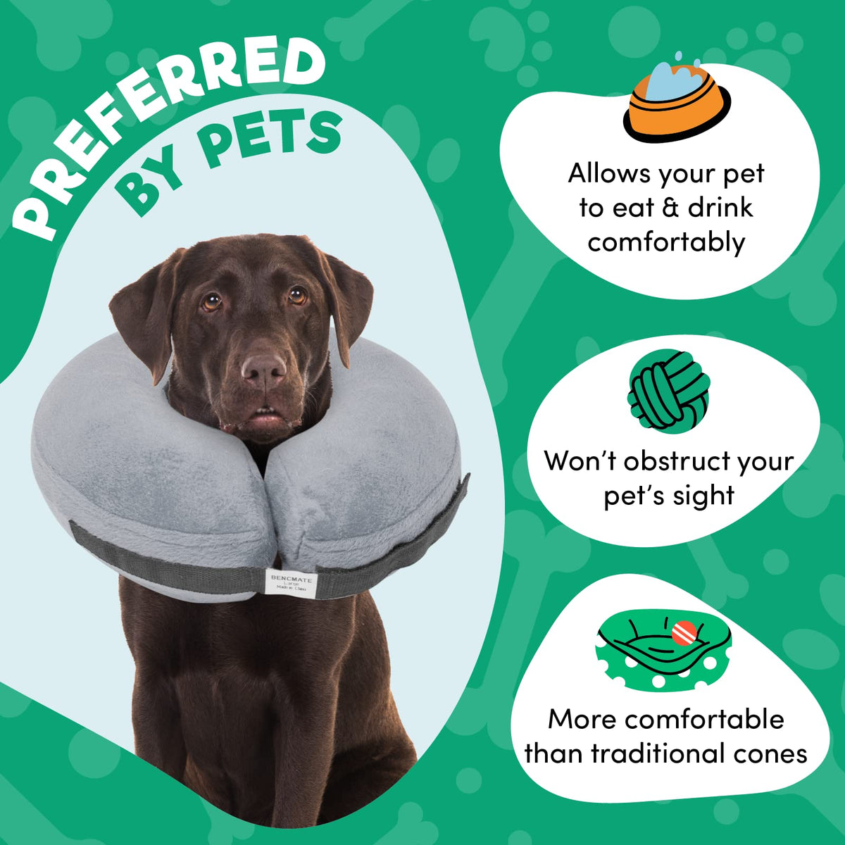 BENCMATE Protective Inflatable Collar for Dogs and Cats - Soft Pet Dog Cone Recovery Collar Does Not Block Vision E-Collar Blue-L