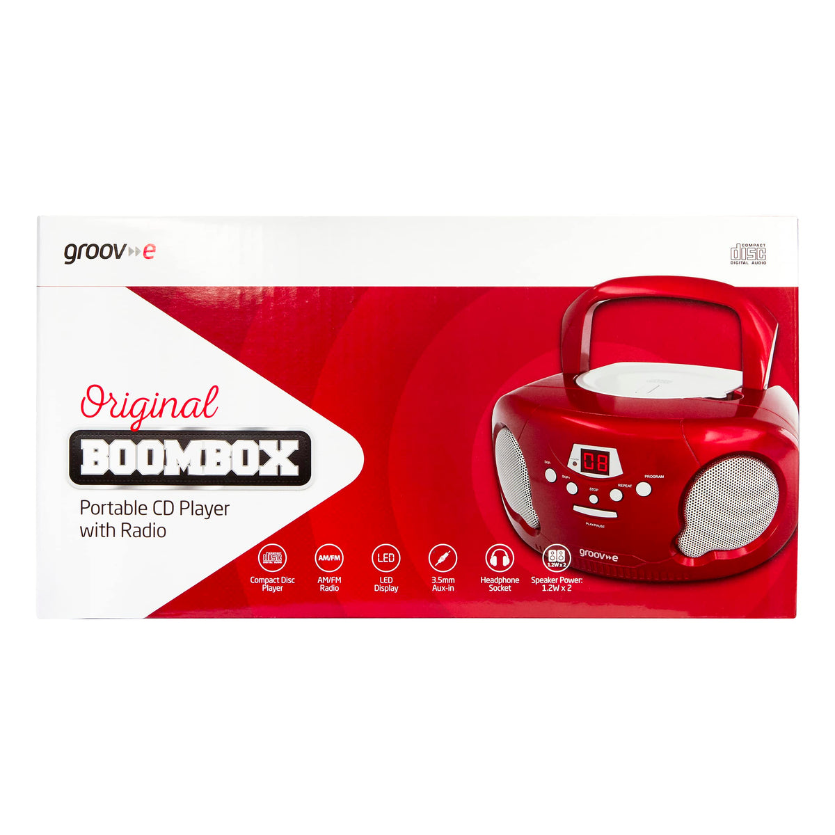 Groov-e Original Boombox - Portable CD Player with Bluetooth, Radio, 3.5mm Aux Port, & Headphone Socket - LED Display, 2 x 1.2W Speakers - Battery or Mains Powered - Black