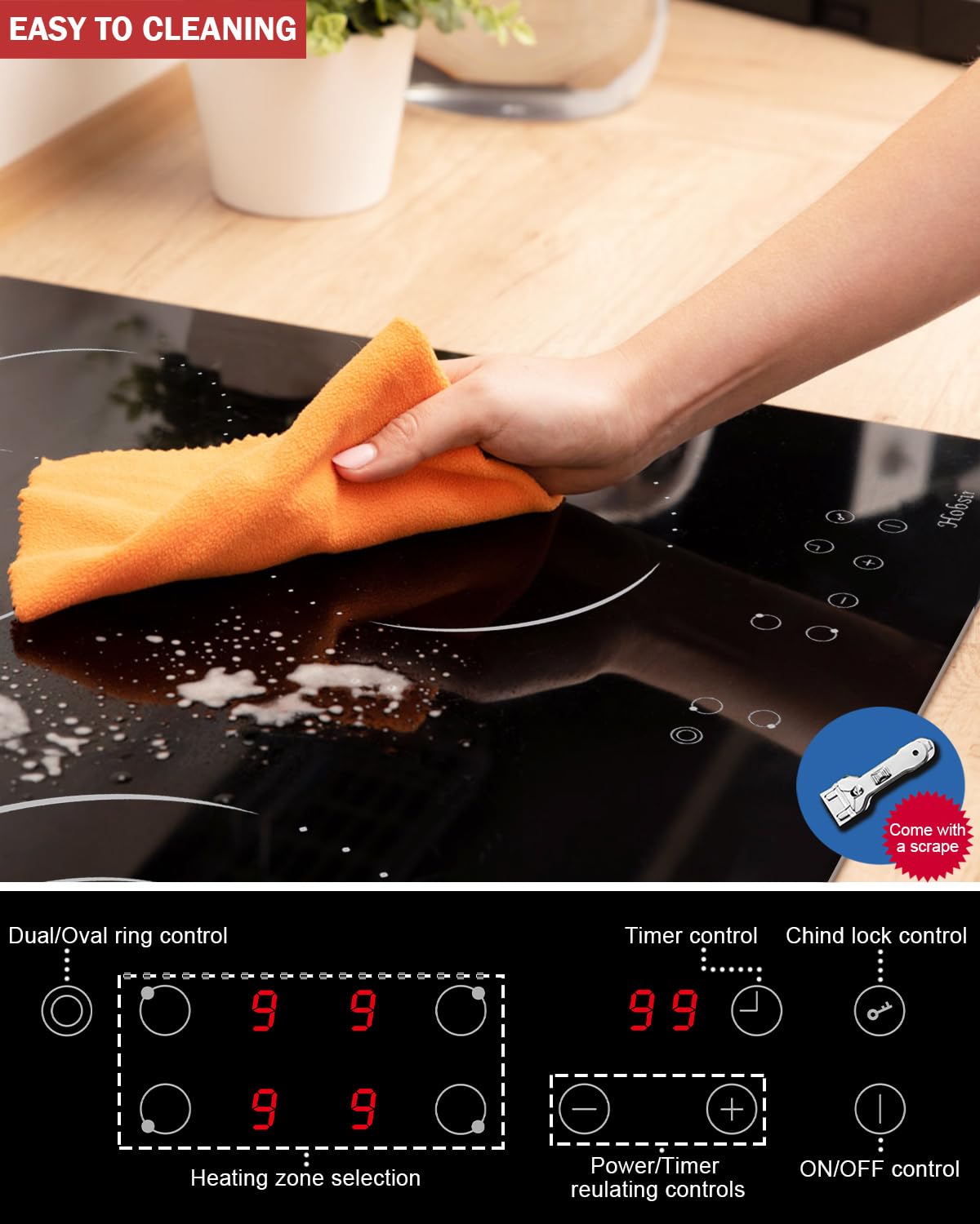 Hobsir Ceramic Hob with Knobs, Built-in Electric Cooker Hob 4 Burners 60 cm