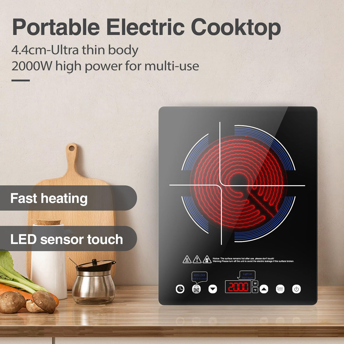 VBGK Portable Ceramic Hob, 2000W Portable Electric Hob, Electric Ceramic Hob, Single Cooking Zone with LED Display, 4-Hours Timer, Safety Lock, Residual Heat Indicator