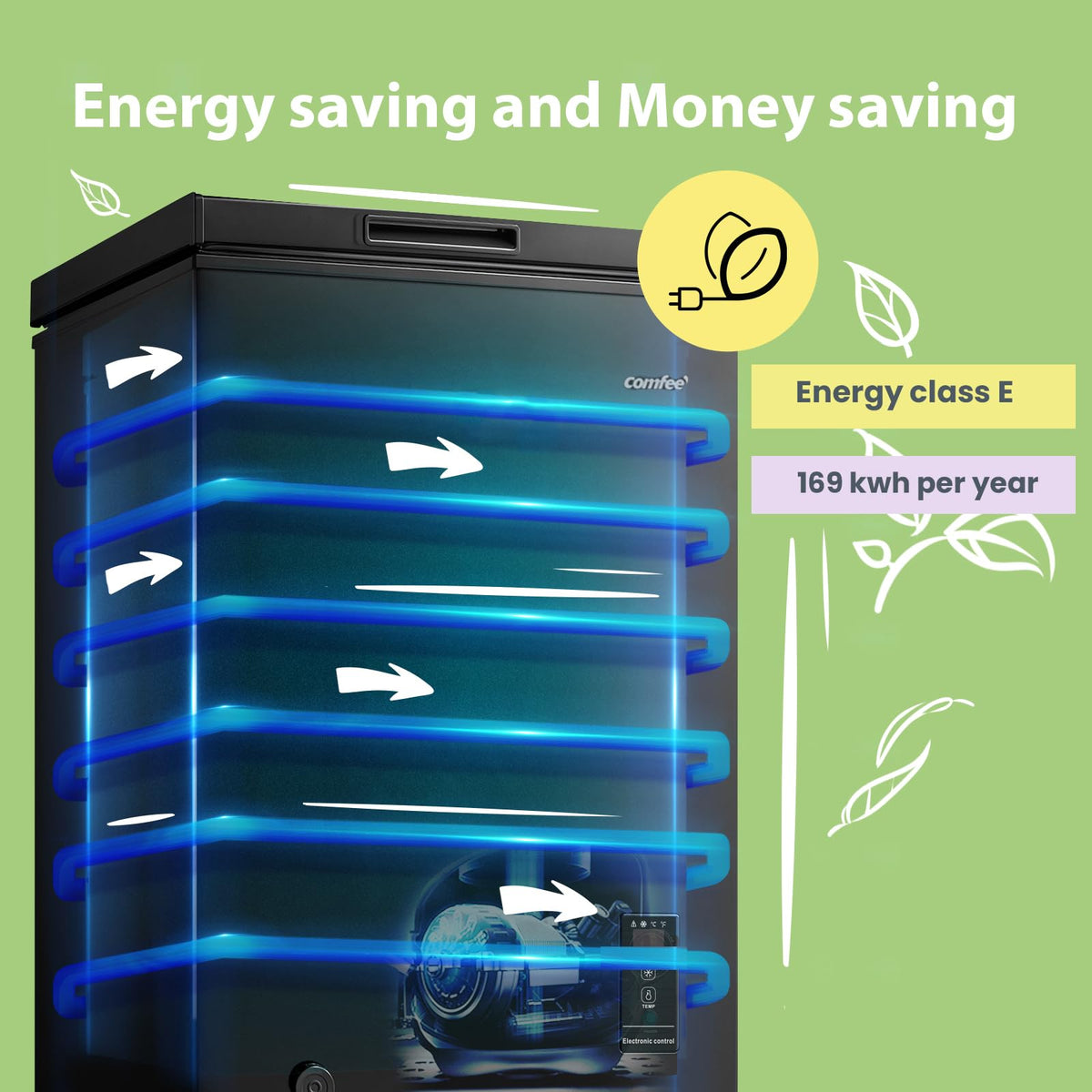 COMFEE' 99L Chest Freezer, Convertible Refrigeration Mode, RCC102BL2UK(E)