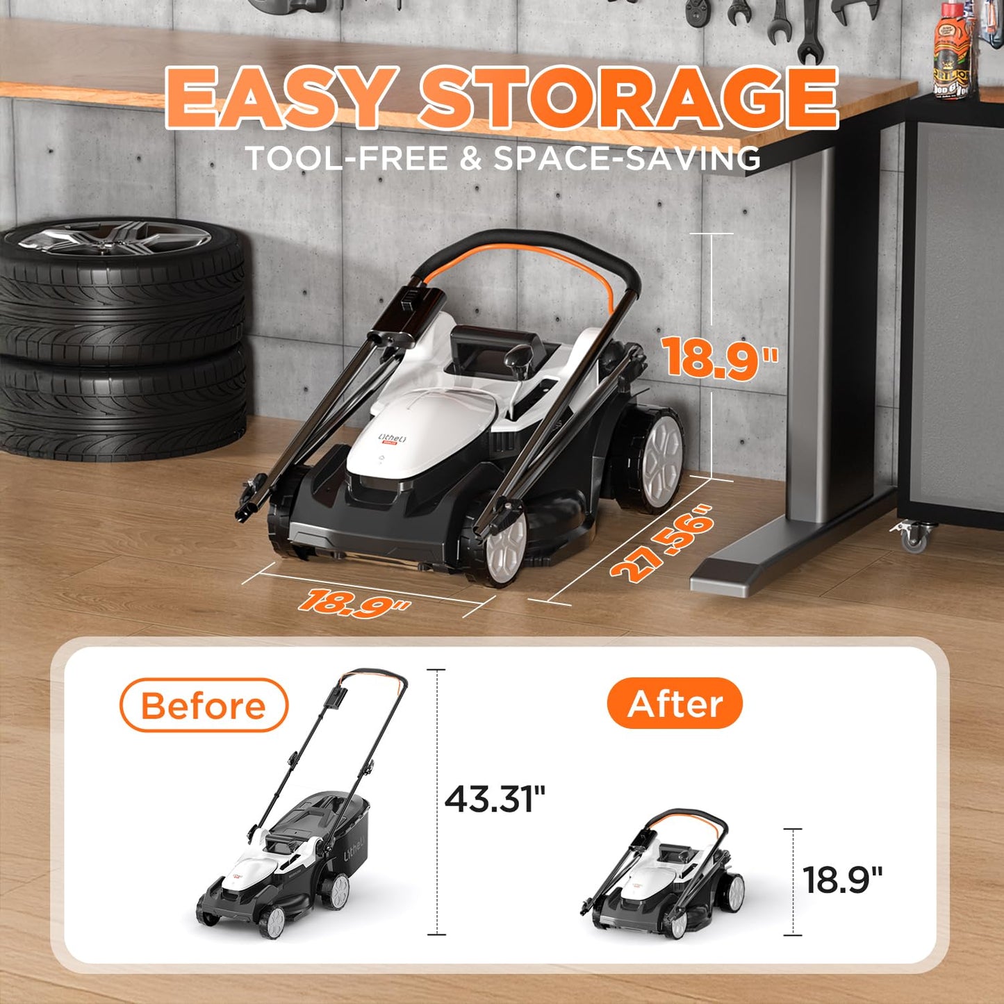 Litheli Cordless Lawnmower, 20V/33cm Cutting Width, Brushless Motor, Battery Lawn Mower, 5 Cutting Heights, 30L Grass Box, Incl. 4.0Ah Battery